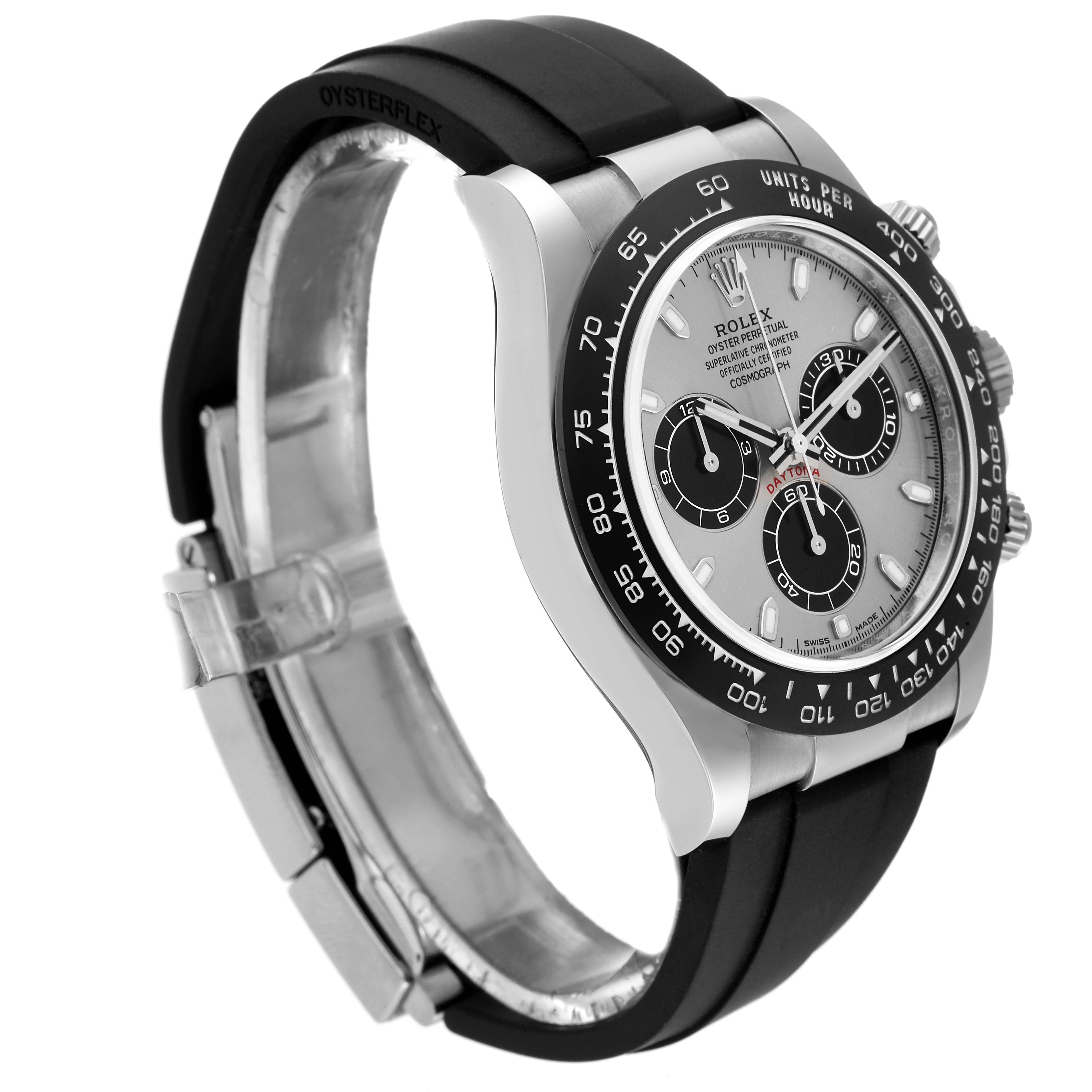 The image shows a side angle of a Rolex Daytona 116519 Men's White Gold Grey Dial 116519 Men's White Gold Grey Dial, highlighting the face, bezel, and part of the black Oysterflex strap.