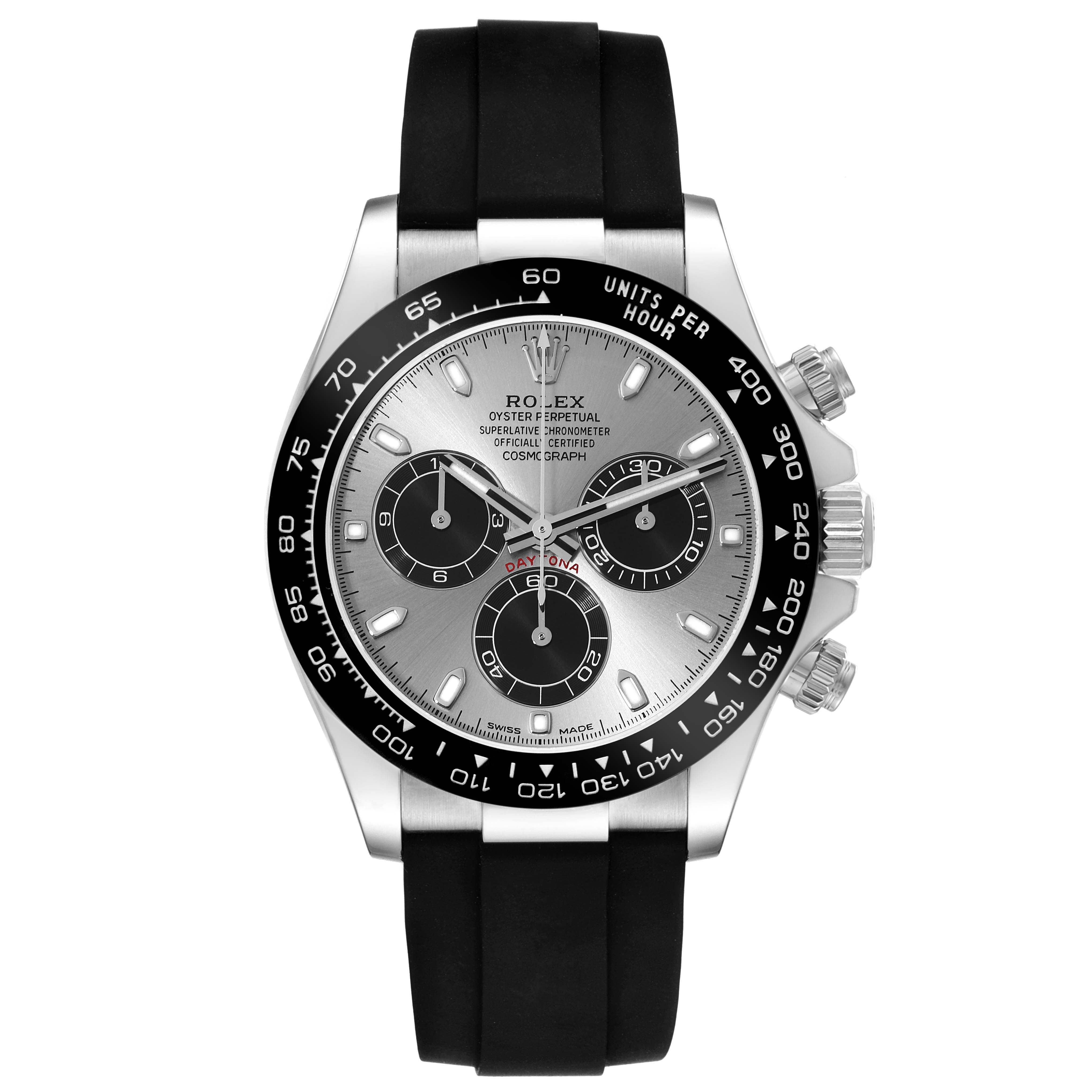 This image shows a front view of a Rolex Daytona 116519 Men's White Gold Grey Dial 116519 Men's White Gold Grey Dial watch, highlighting the dial, bezel, chronograph subdials, and rubber strap.