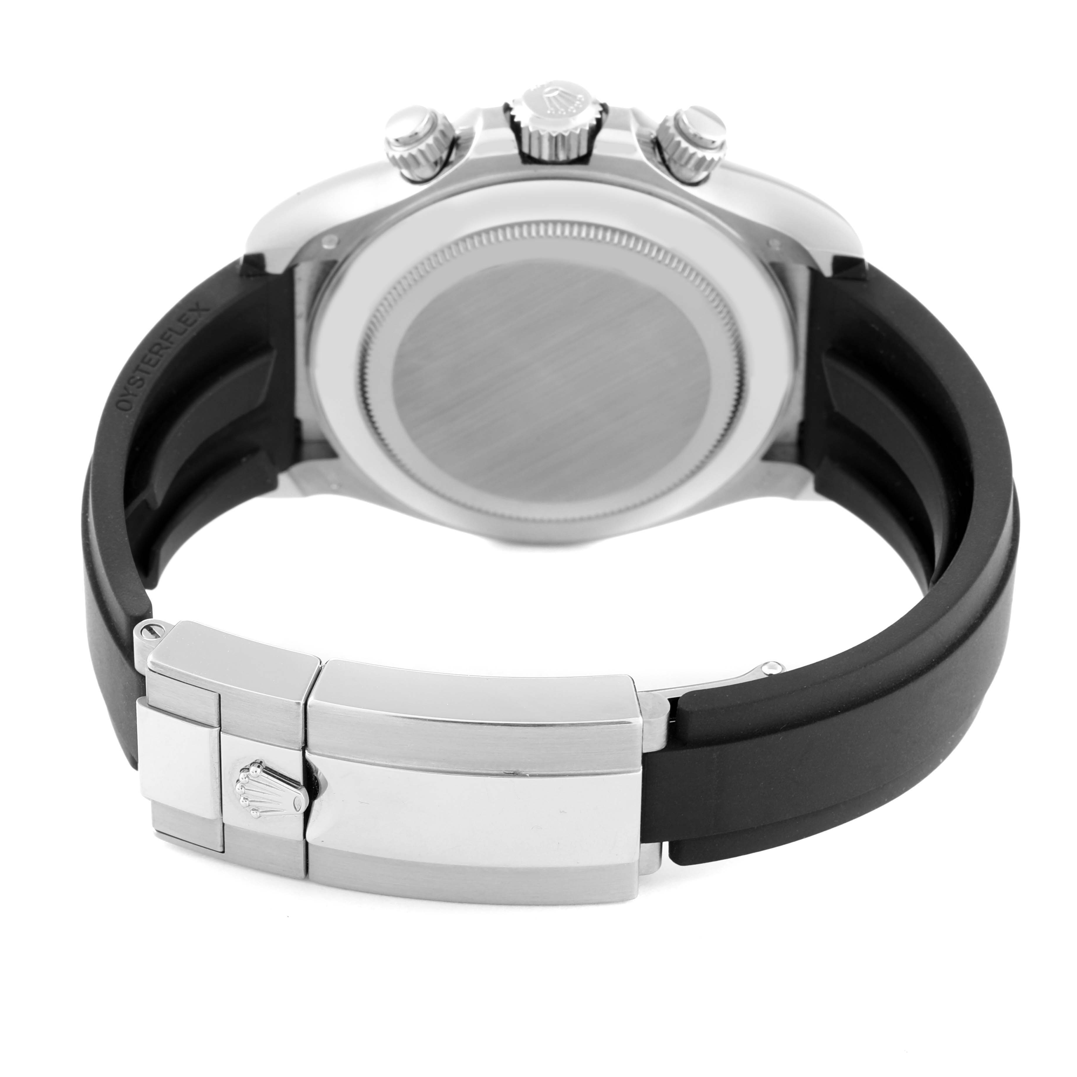 The image shows the back case, crown, pushers, and clasp of a Rolex Daytona 116519 Men's White Gold Grey Dial 116519 Men's White Gold Grey Dial watch.