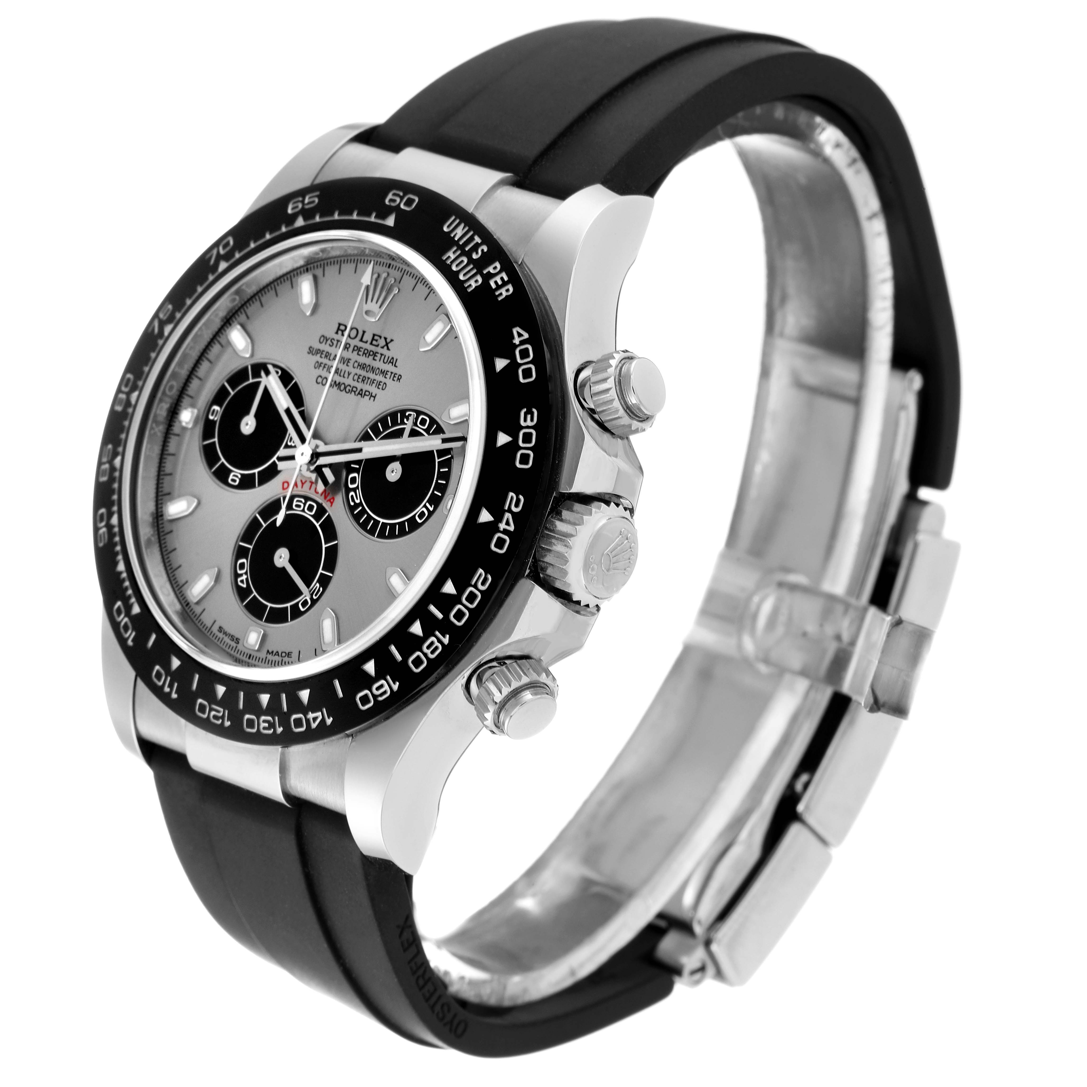 The Rolex Daytona 116519 Men's White Gold Grey Dial 116519 Men's White Gold Grey Dial watch is shown at a three-quarter angle, highlighting its face, bezel, and part of the strap.