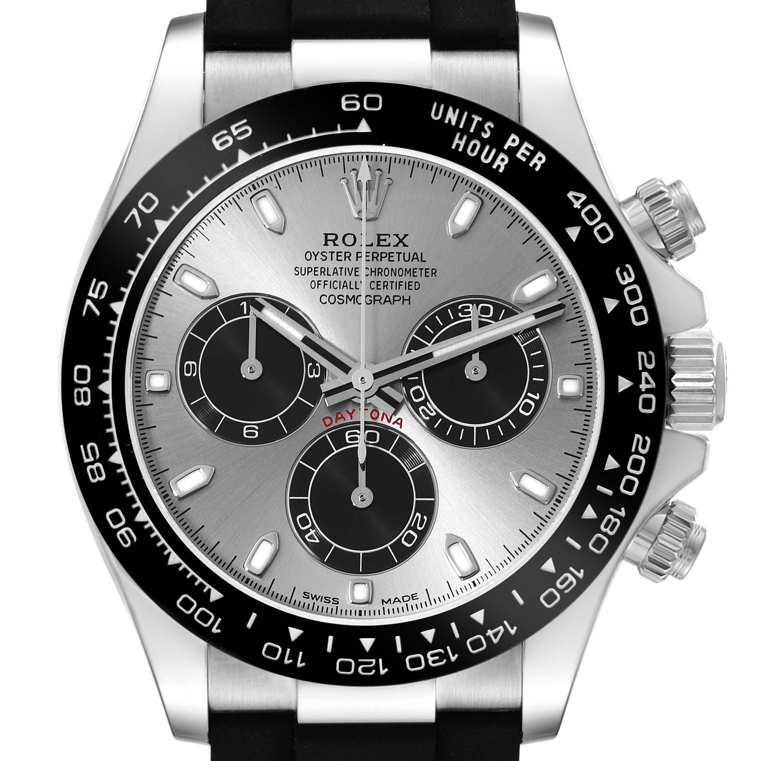 The Rolex Daytona 116519 Men's White Gold Grey Dial 116519 Men's White Gold Grey Dial watch is shown from the front, highlighting its dial, bezel, subdials, and pushers.