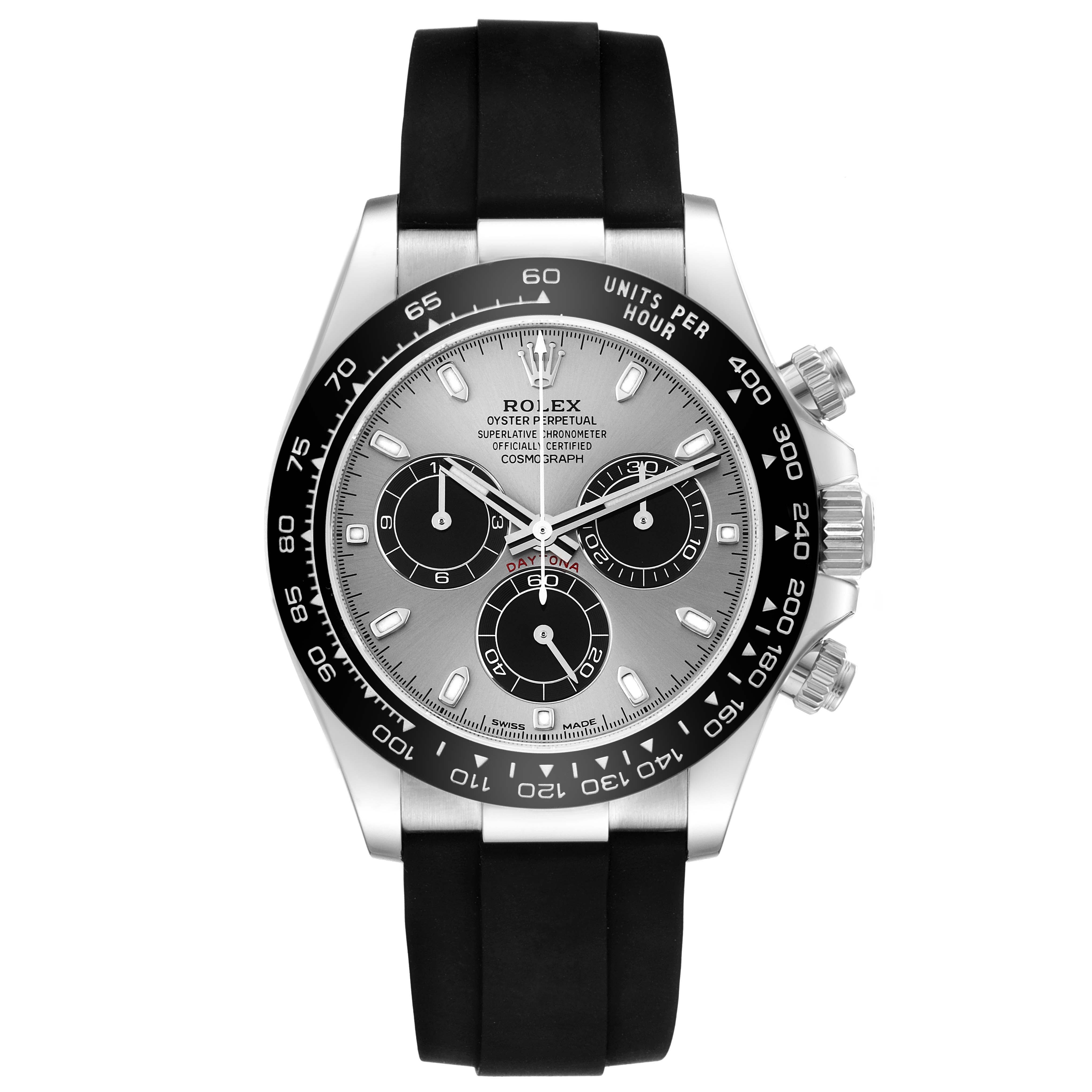 This image shows a front angle of the Rolex Daytona 116519 Men's White Gold Grey Dial 116519 Men's White Gold Grey Dial watch, displaying its dial, bezel, and rubber strap.