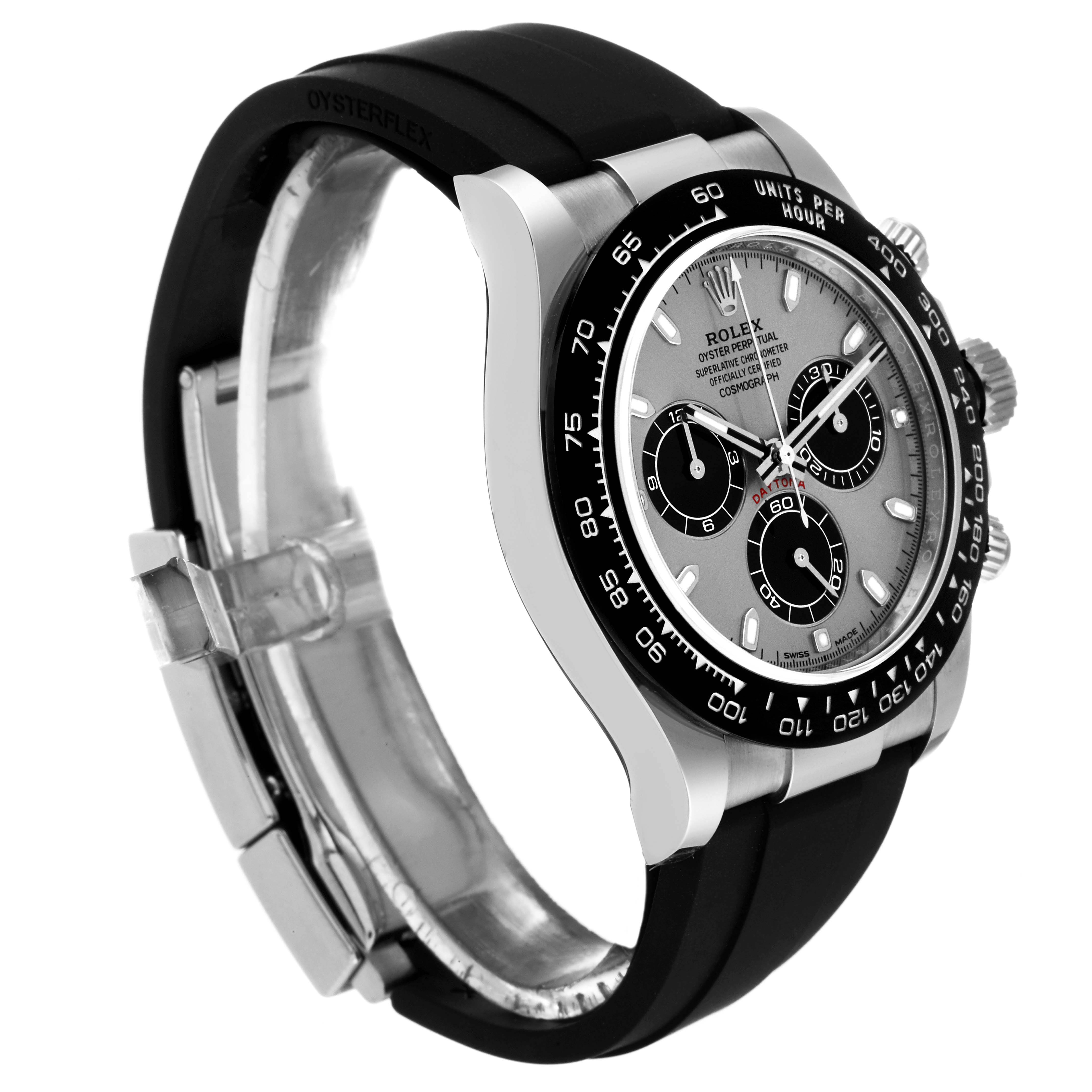 The image shows a side angle of a Rolex Daytona 116519 Men's White Gold Grey Dial 116519 Men's White Gold Grey Dial watch, highlighting its dial, bezel, case, and rubber strap.