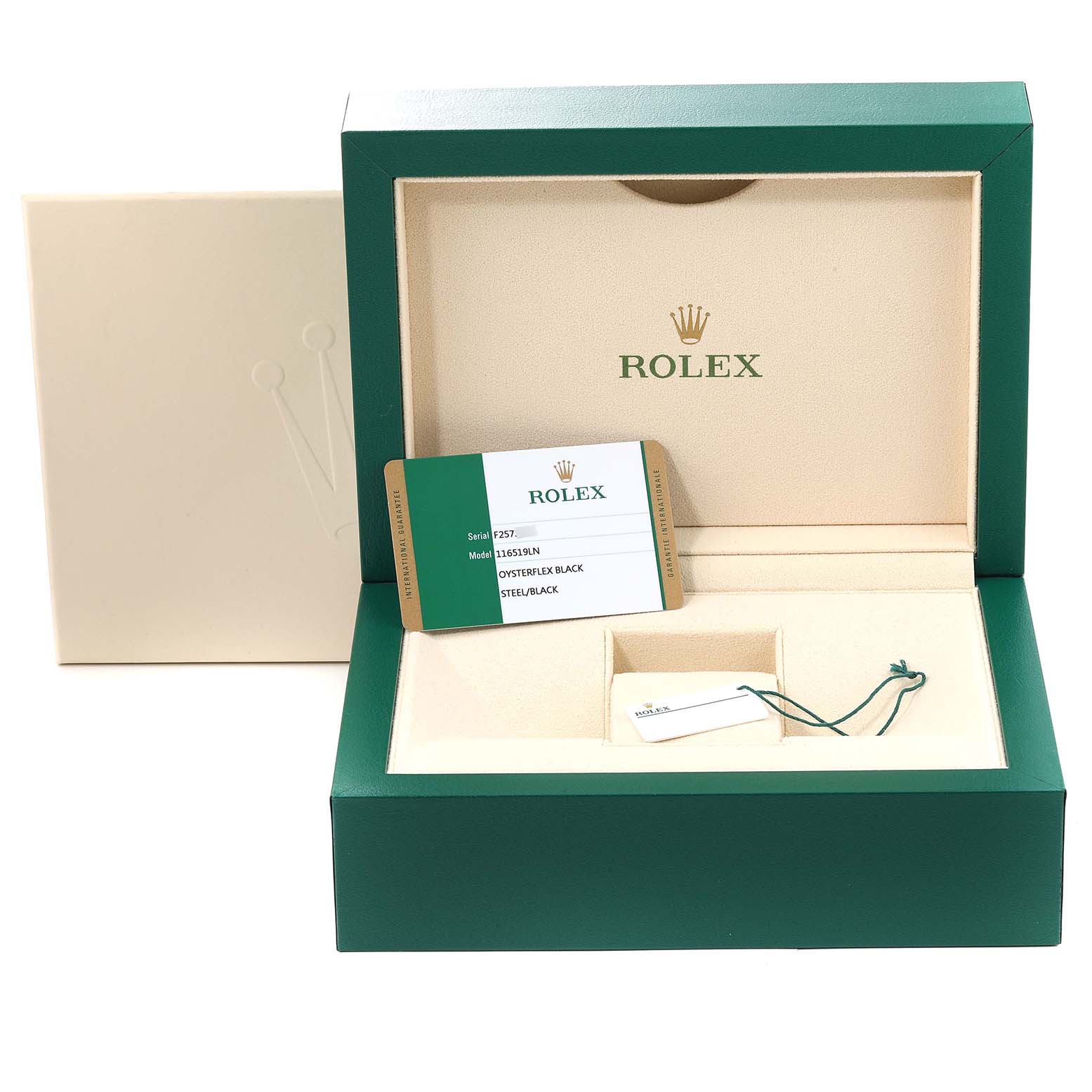 The image shows a Rolex Daytona 116519 Men's White Gold Grey Dial 116519 Men's White Gold Grey Dial watch box, certification card, and accessories, including a tag and booklet.