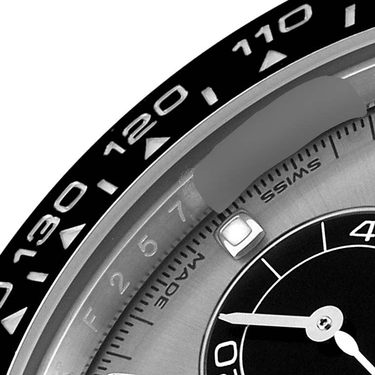 The image shows a close-up of the bezel and part of the dial of a Rolex Daytona 116519 Men's White Gold Grey Dial 116519 Men's White Gold Grey Dial watch, highlighting the tachymeter scale.