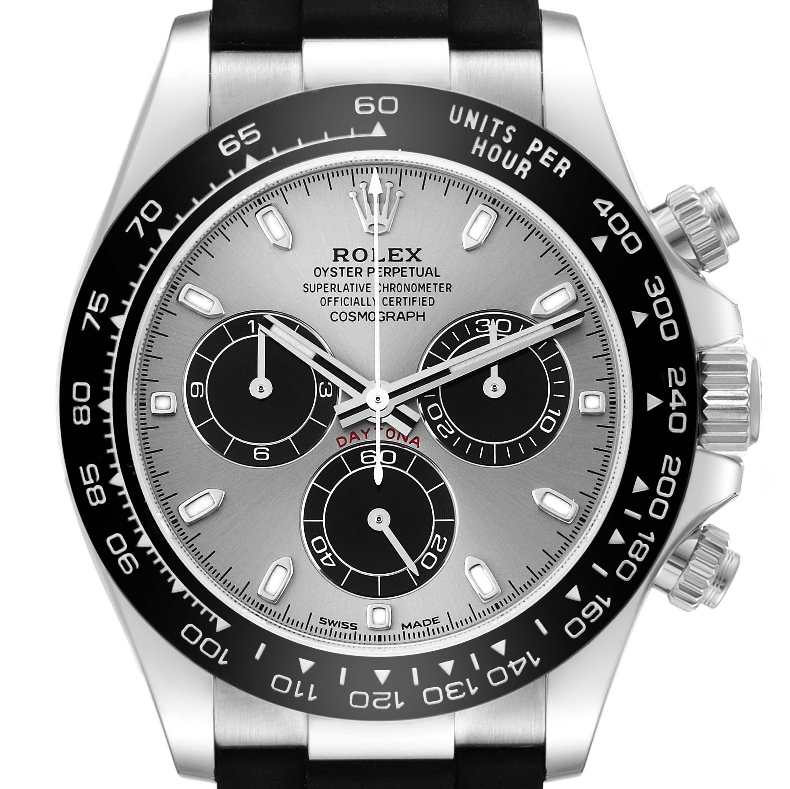 This image shows a front view of a Rolex Daytona 116519 Men's White Gold Grey Dial 116519 Men's White Gold Grey Dial watch, highlighting its dial, bezel, crown, and pushers.