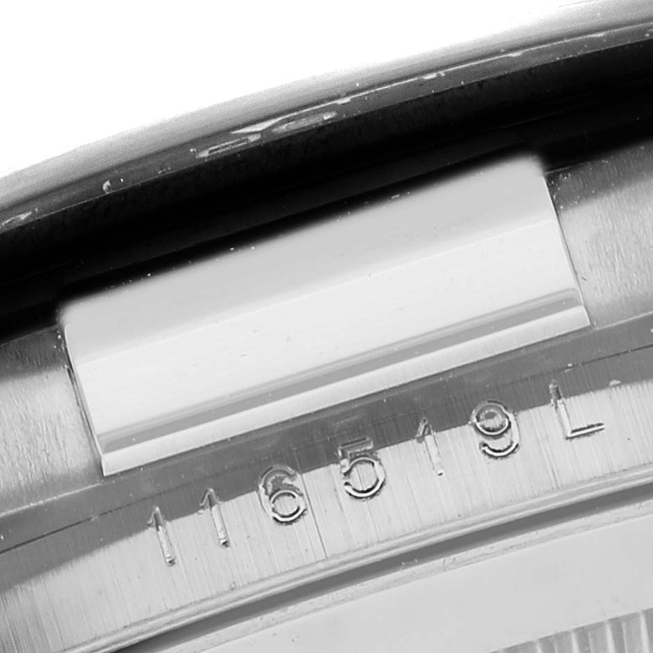 This image shows the case back and engraved model number of a Rolex Daytona 116519 Men's White Gold Grey Dial 116519 Men's White Gold Grey Dial watch.