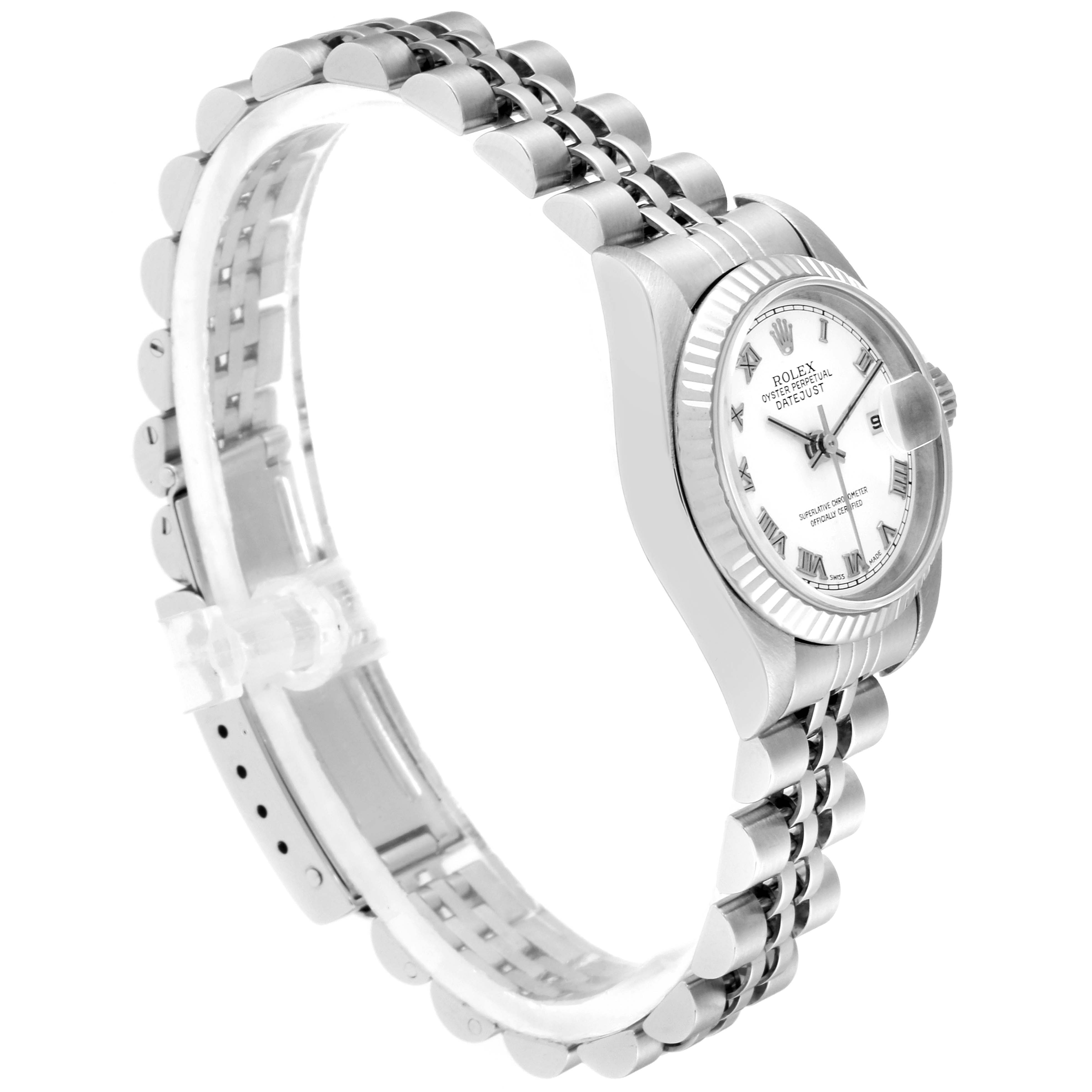 The image shows a side angle view of a Rolex Datejust 79174 Women
s Stainless Steel White Dial 79174 Women
s Stainless Steel White Dial watch, highlighting the face, bezel, and bracelet.