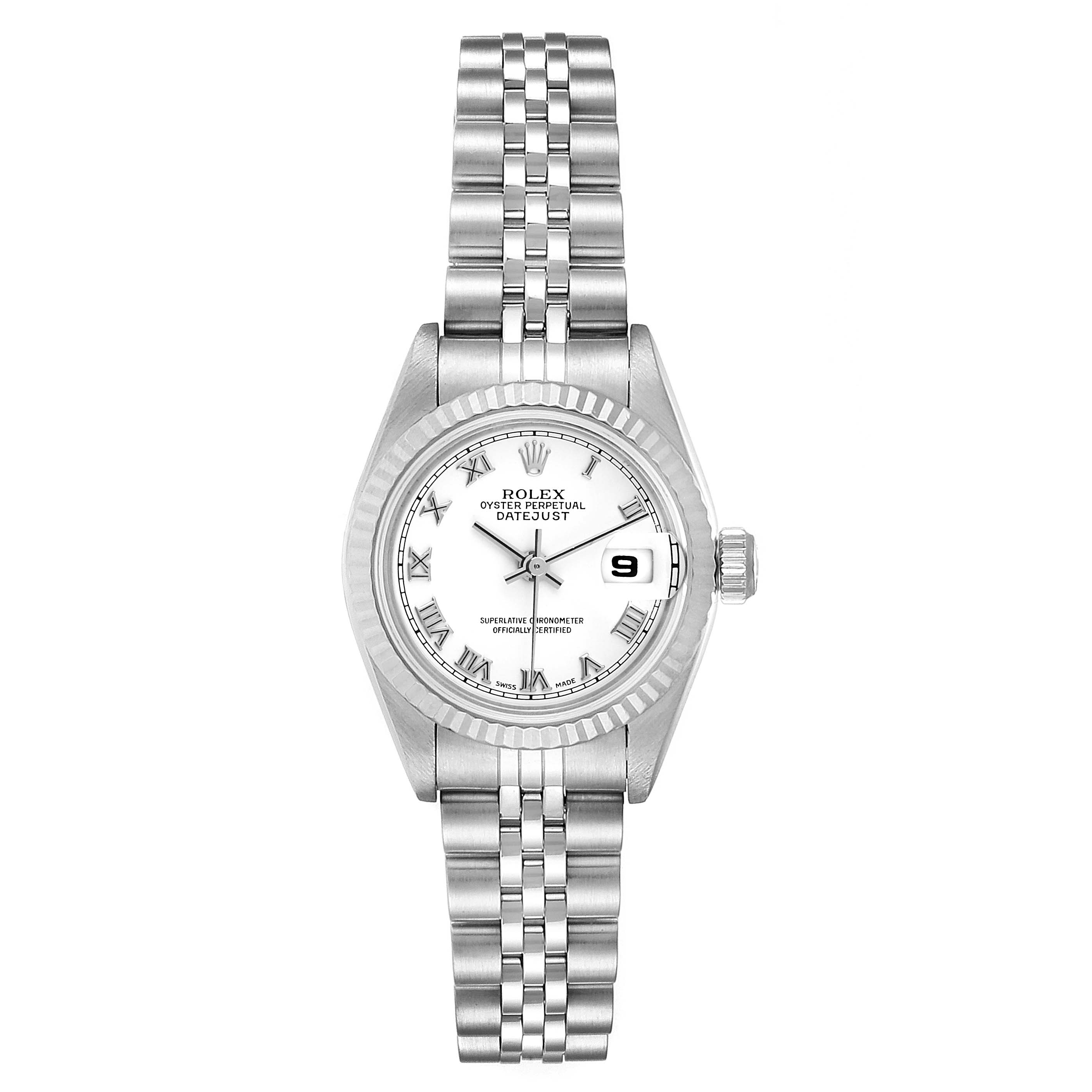 This image shows a front view of a Rolex Datejust 79174 Women
s Stainless Steel White Dial 79174 Women
s Stainless Steel White Dial watch, displaying the face, bezel, crown, and Jubilee bracelet.