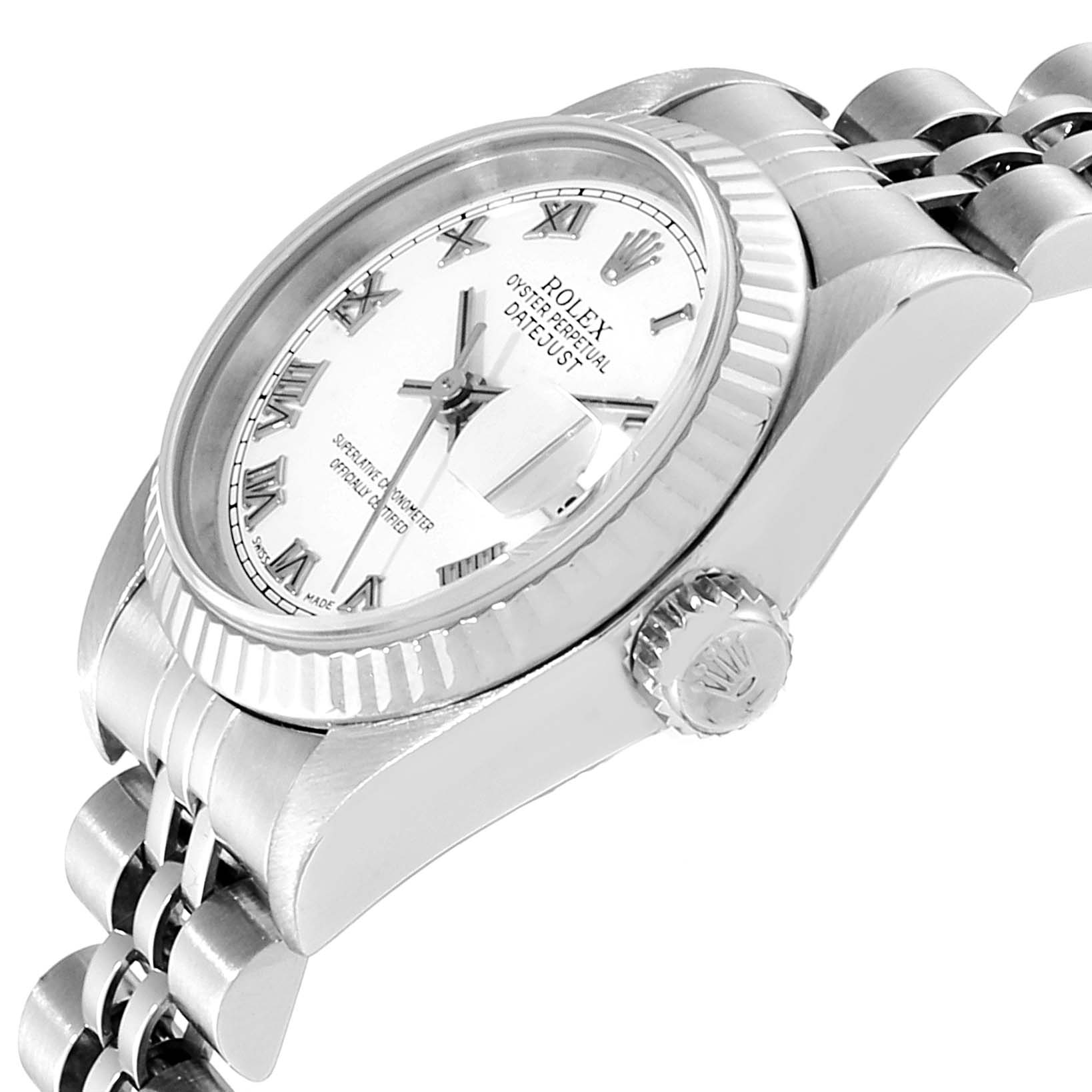 The image shows a side angle of the Rolex Datejust 79174 Women
s Stainless Steel White Dial 79174 Women
s Stainless Steel White Dial model, featuring the crown, bezel, dial, and part of the bracelet.