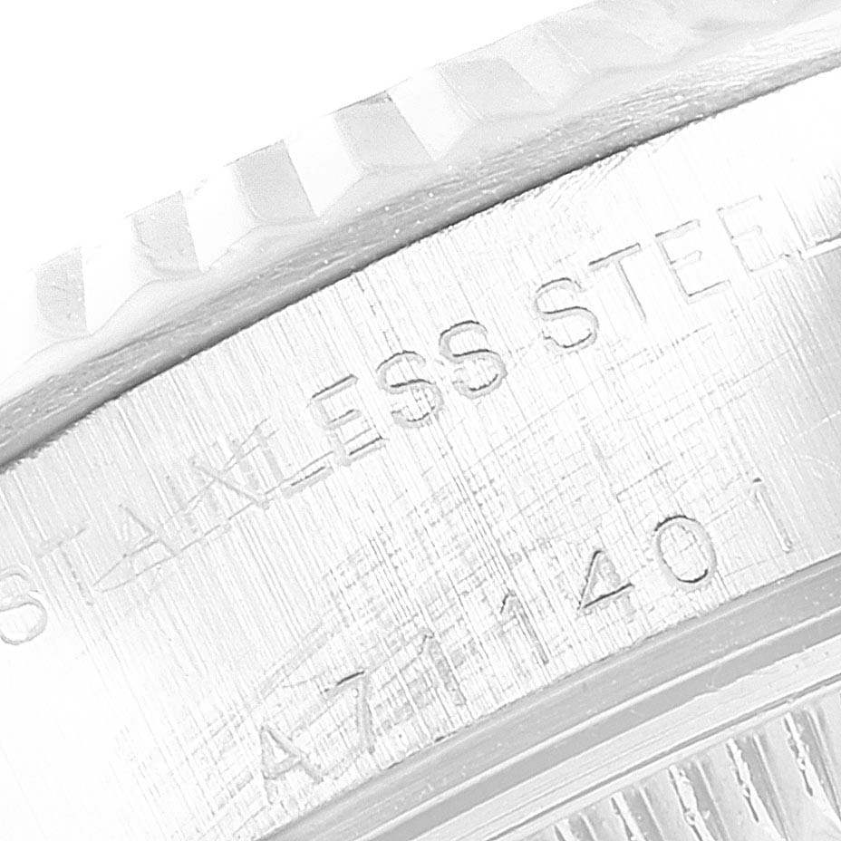 This image shows a close-up of the case back engraving of a Rolex Datejust 79174 Women
s Stainless Steel White Dial 79174 Women
s Stainless Steel White Dial, displaying the stainless steel material and reference number.