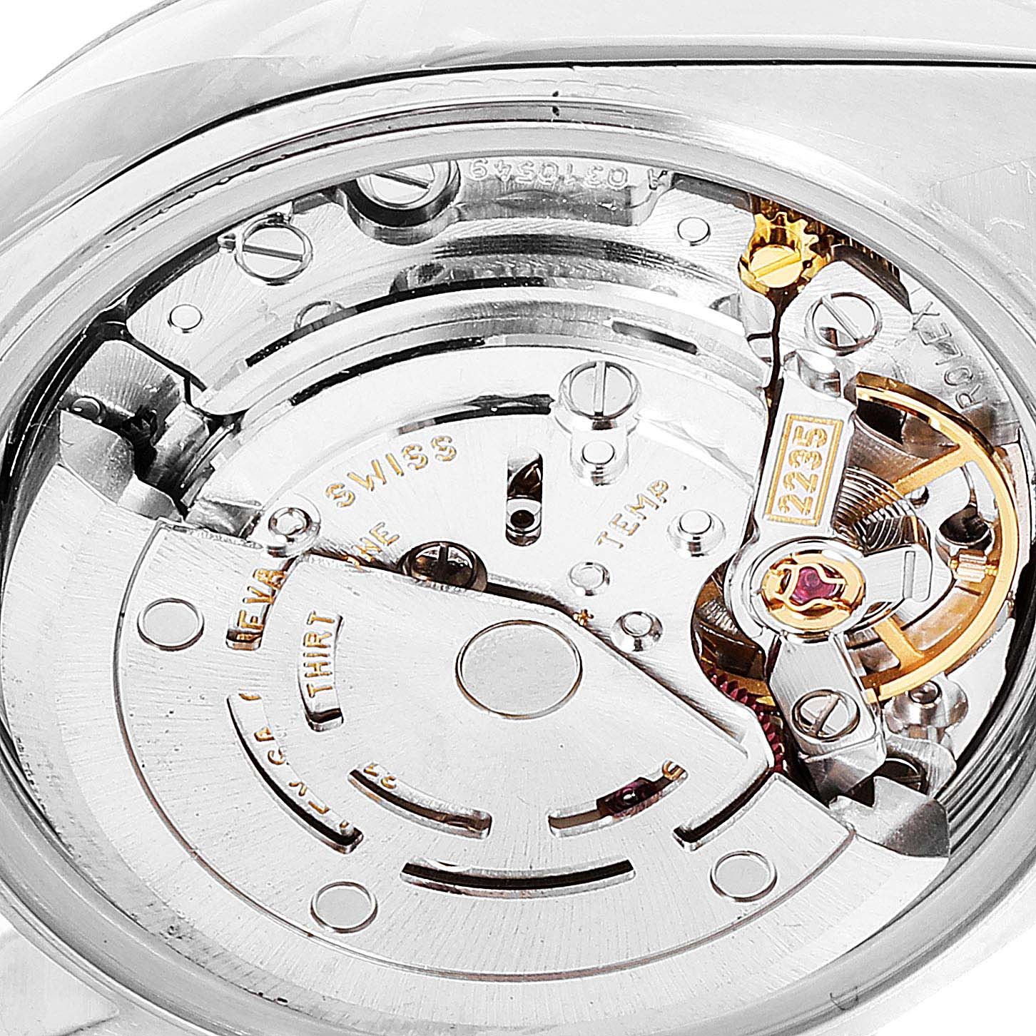This image shows a close-up of the Rolex Datejust 79174 Women
s Stainless Steel White Dial 79174 Women
s Stainless Steel White Dial watch movement mechanism from the back angle.