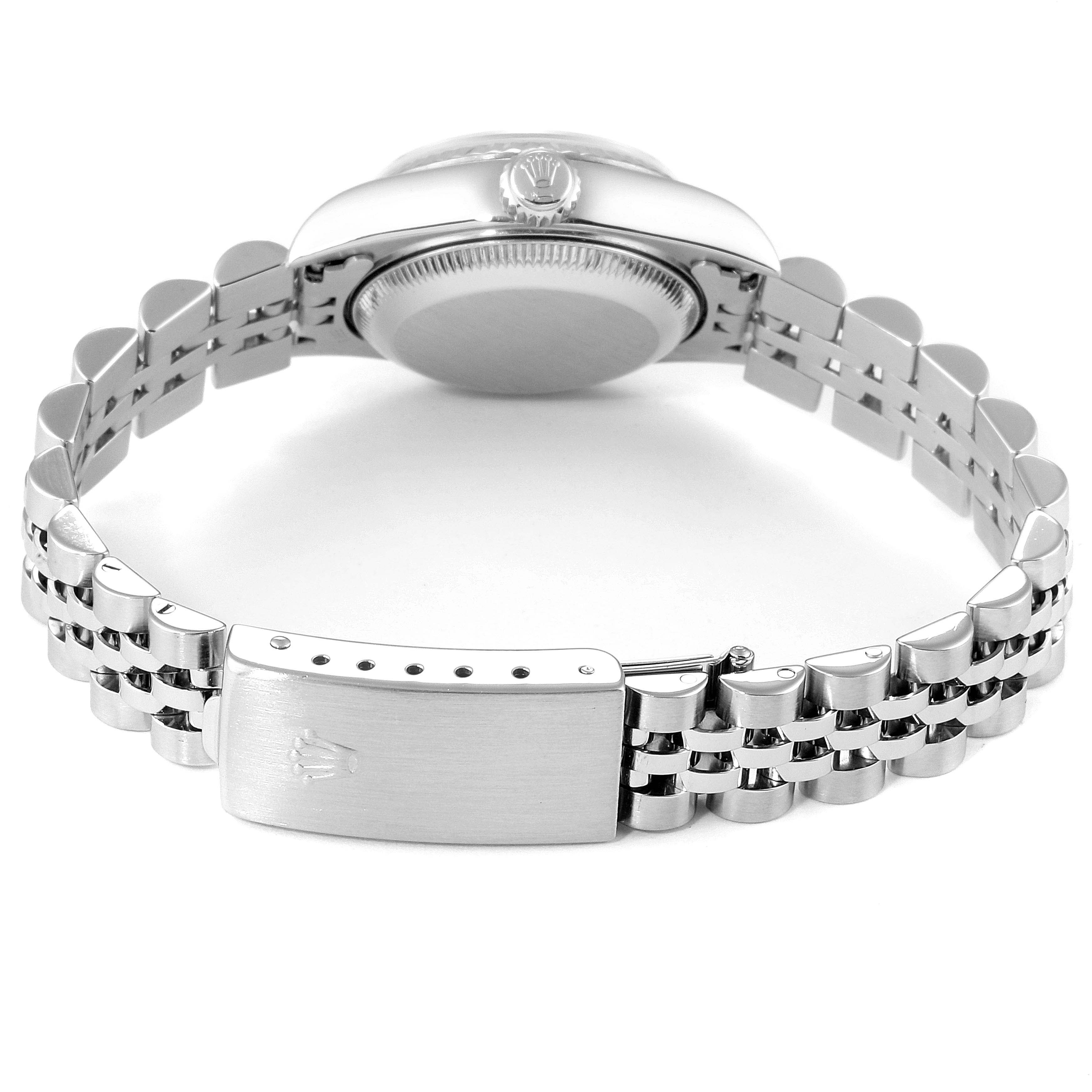 This image shows the back view of the Rolex Datejust 79174 Women
s Stainless Steel White Dial 79174 Women
s Stainless Steel White Dial watch, focusing on the bracelet and clasp.
