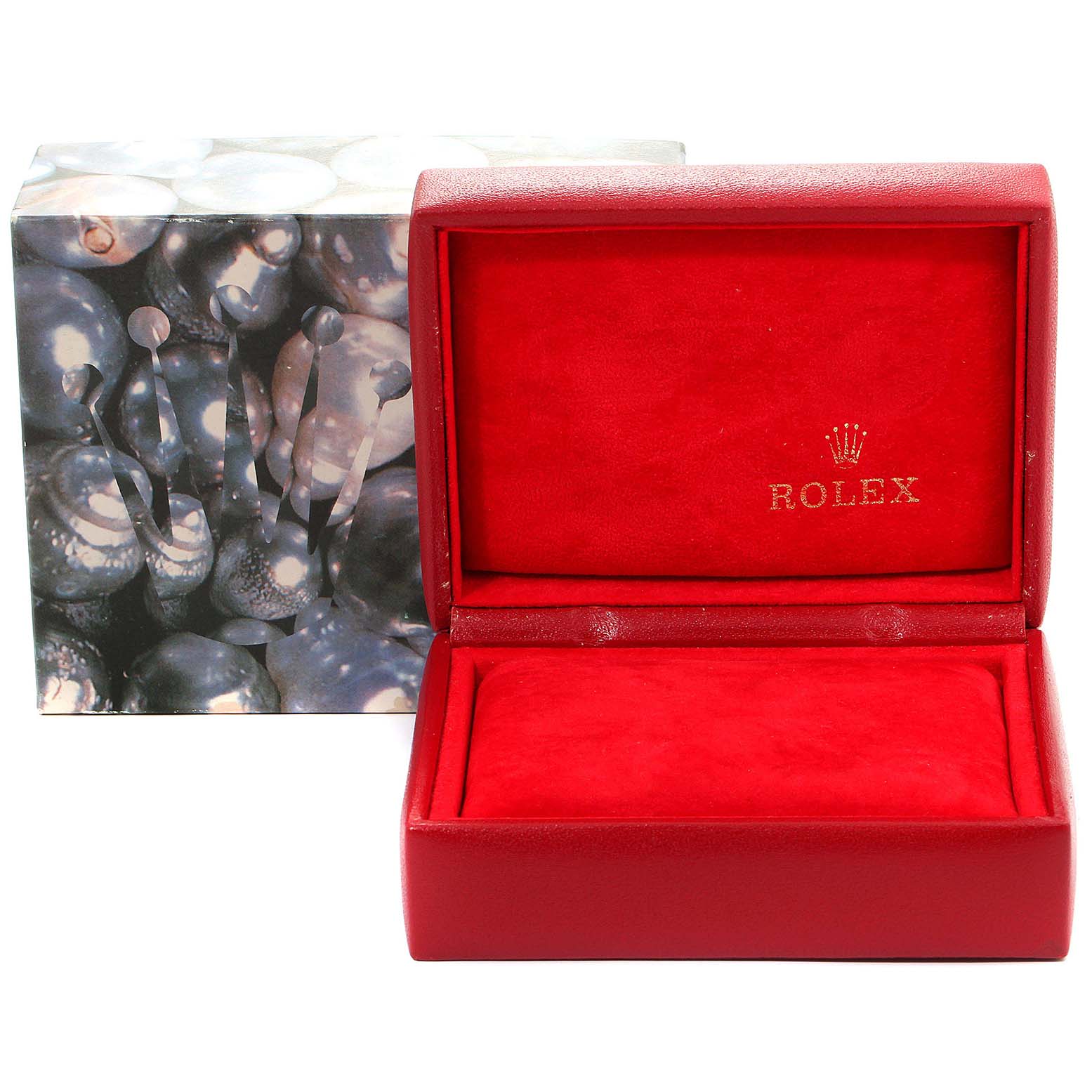 The image shows an open red Rolex Datejust 79174 Women
s Stainless Steel White Dial 79174 Women
s Stainless Steel White Dial watch box with the brand name inside and an outer box with a pattern.