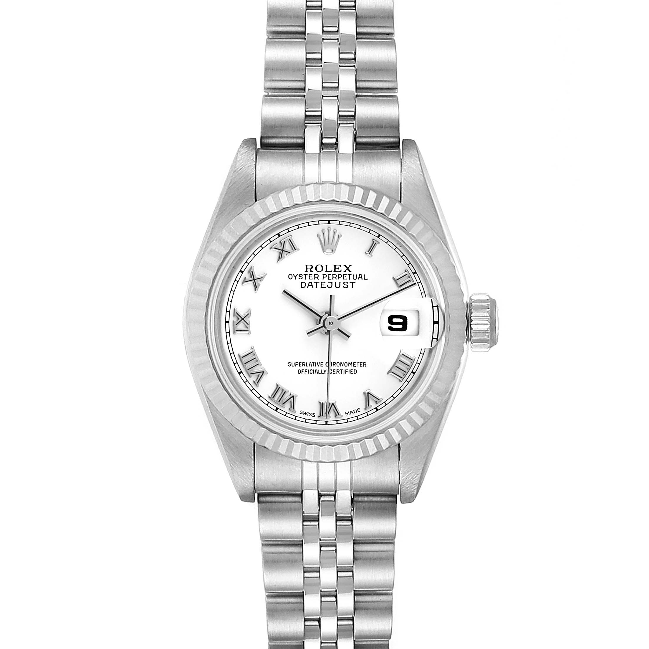 This is a front view of a Rolex Datejust 79174 Women
s Stainless Steel White Dial 79174 Women
s Stainless Steel White Dial watch, showing the dial, bezel, and bracelet.