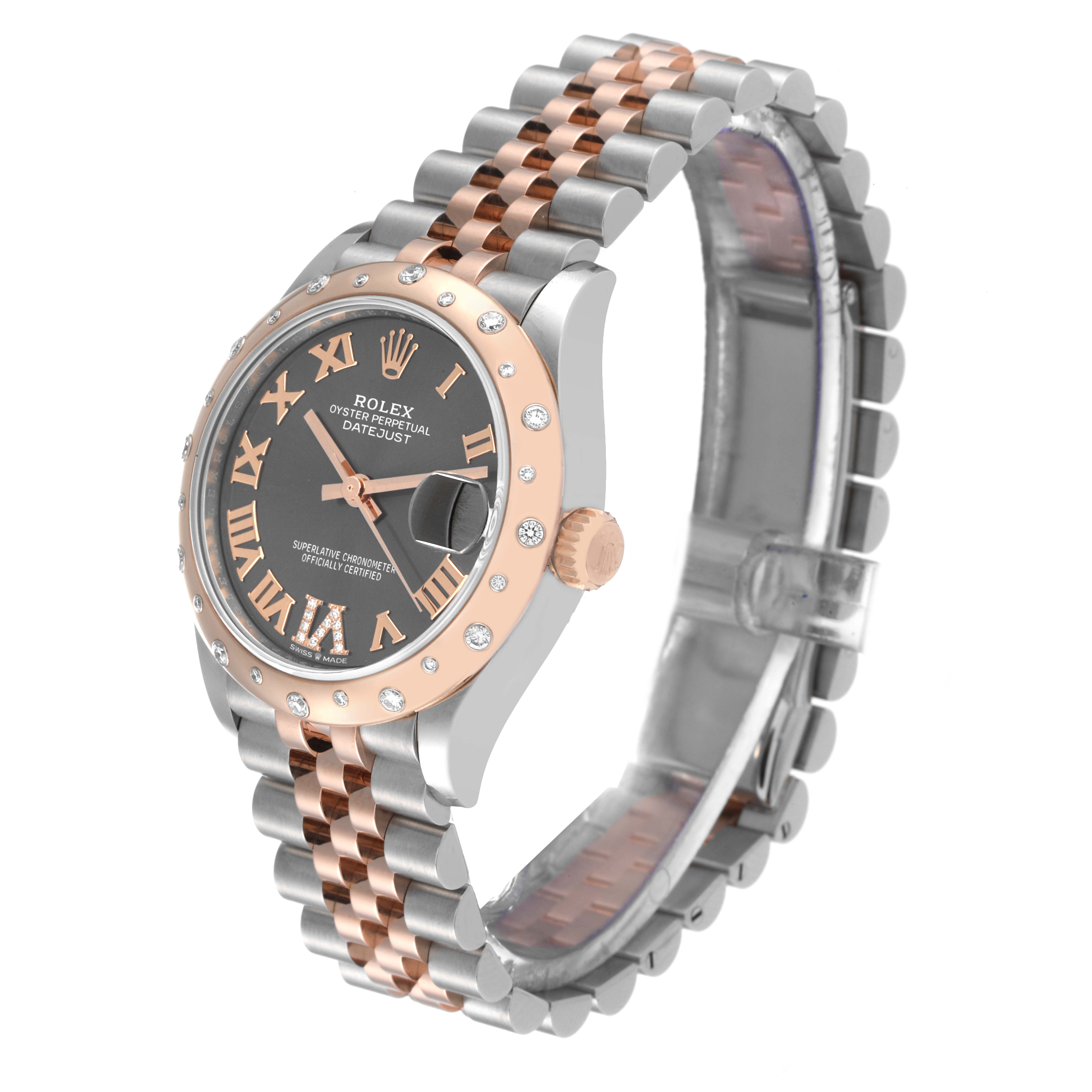 The image shows a side angle of a Rolex Mid-Size 278341 Women's Steel and Gold (two tone) Grey Dial 278341 Women's Steel and Gold (two tone) Grey Dial Oyster Perpetual Datejust watch, highlighting the dial, bezel, and bracelet.