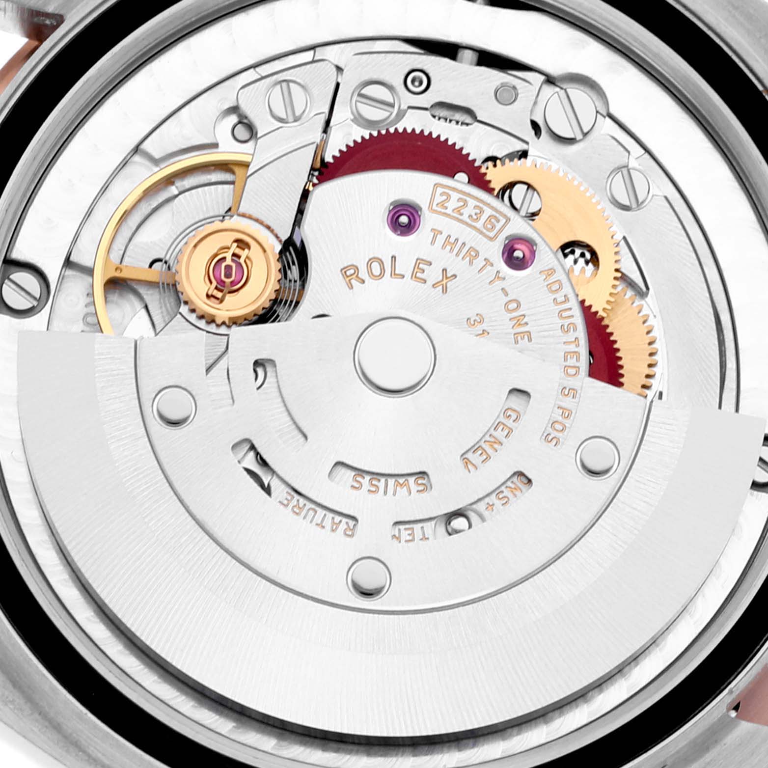 This image shows a close-up view of the Rolex Mid-Size 278341 Women's Steel and Gold (two tone) Grey Dial 278341 Women's Steel and Gold (two tone) Grey Dial model's internal movement mechanism.