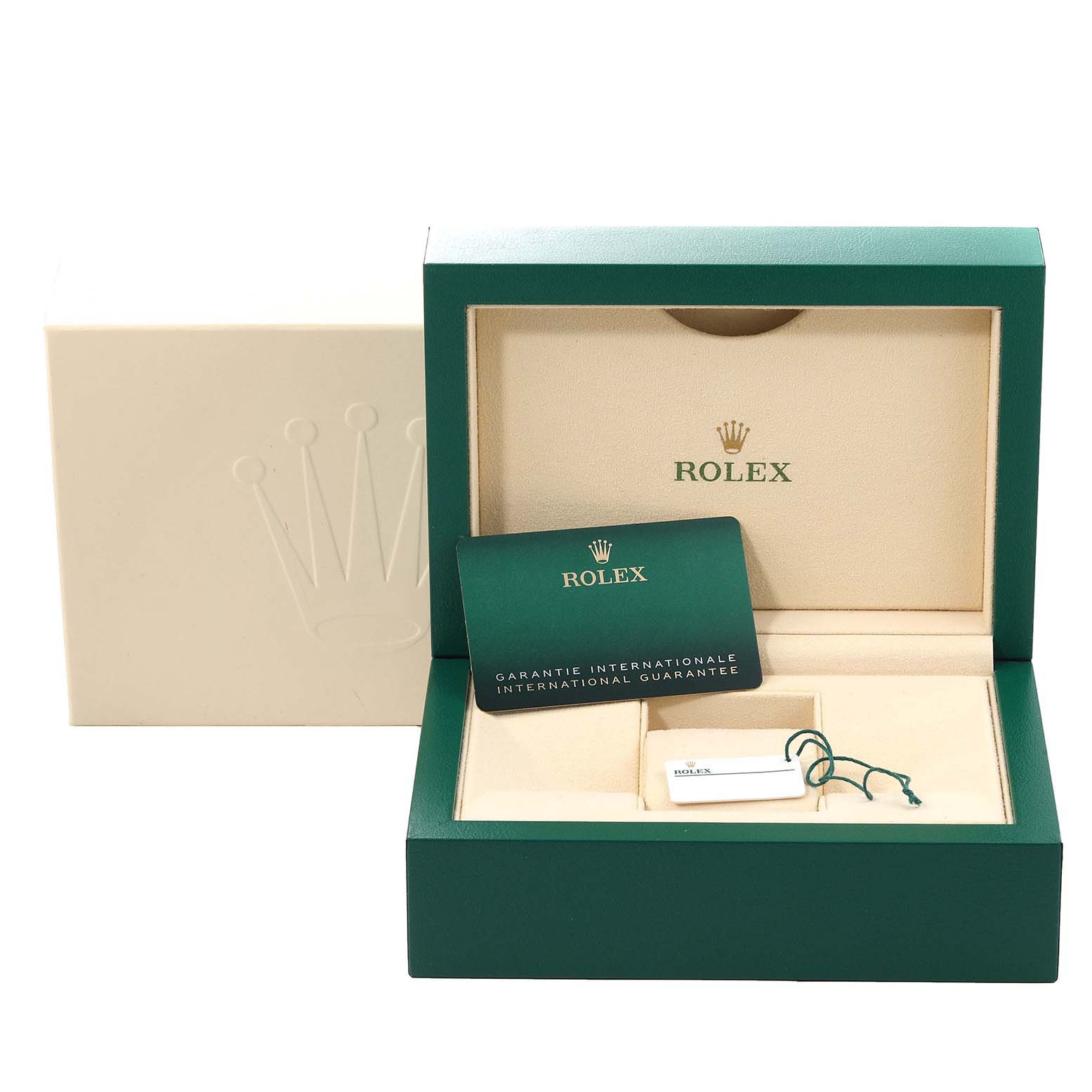 The image shows the open box, guarantee card, and tag for a Rolex Mid-Size 278341 Women's Steel and Gold (two tone) Grey Dial 278341 Women's Steel and Gold (two tone) Grey Dial model watch.