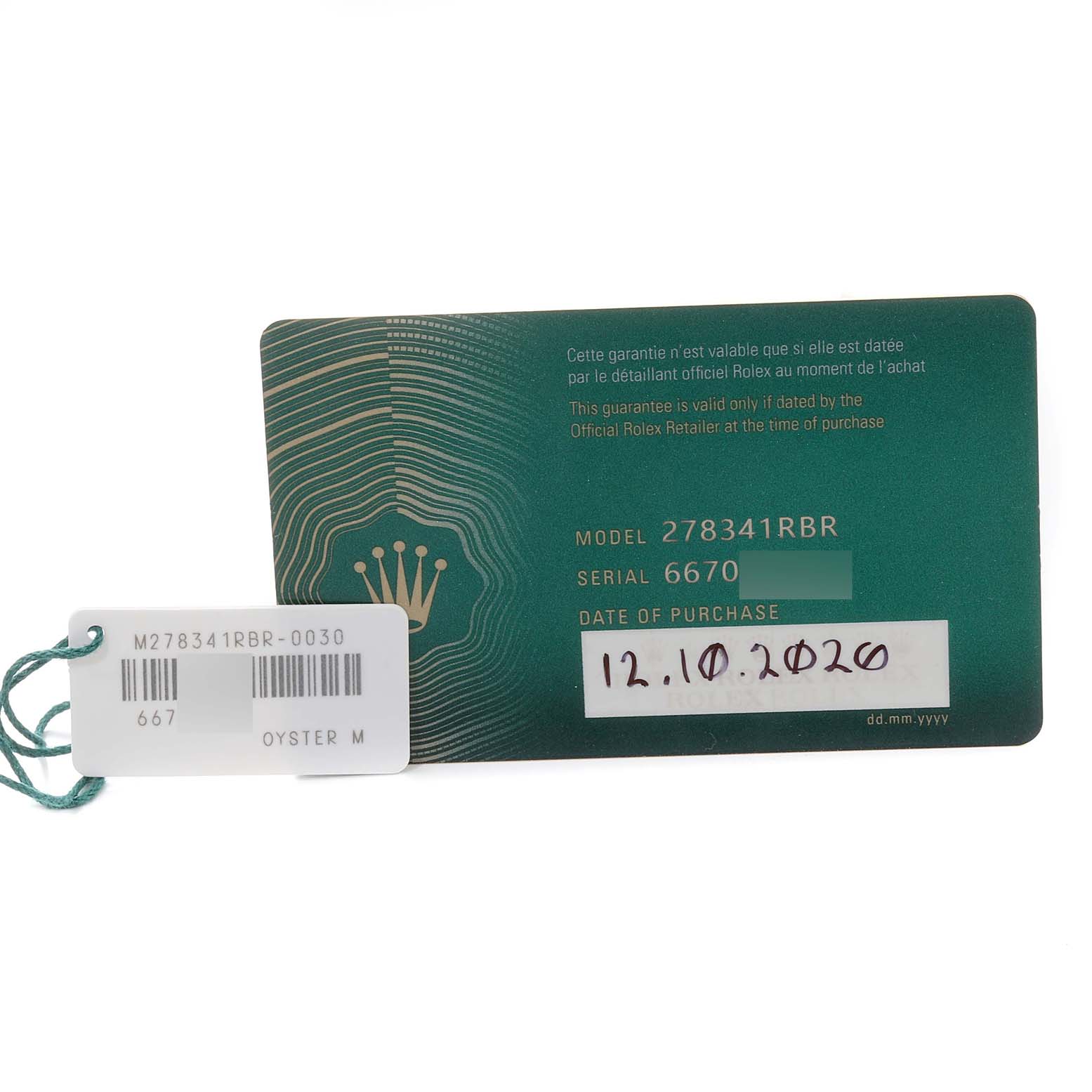 The image shows a warranty card and hang tag for a Mid-Size Rolex model 278341RBR watch.