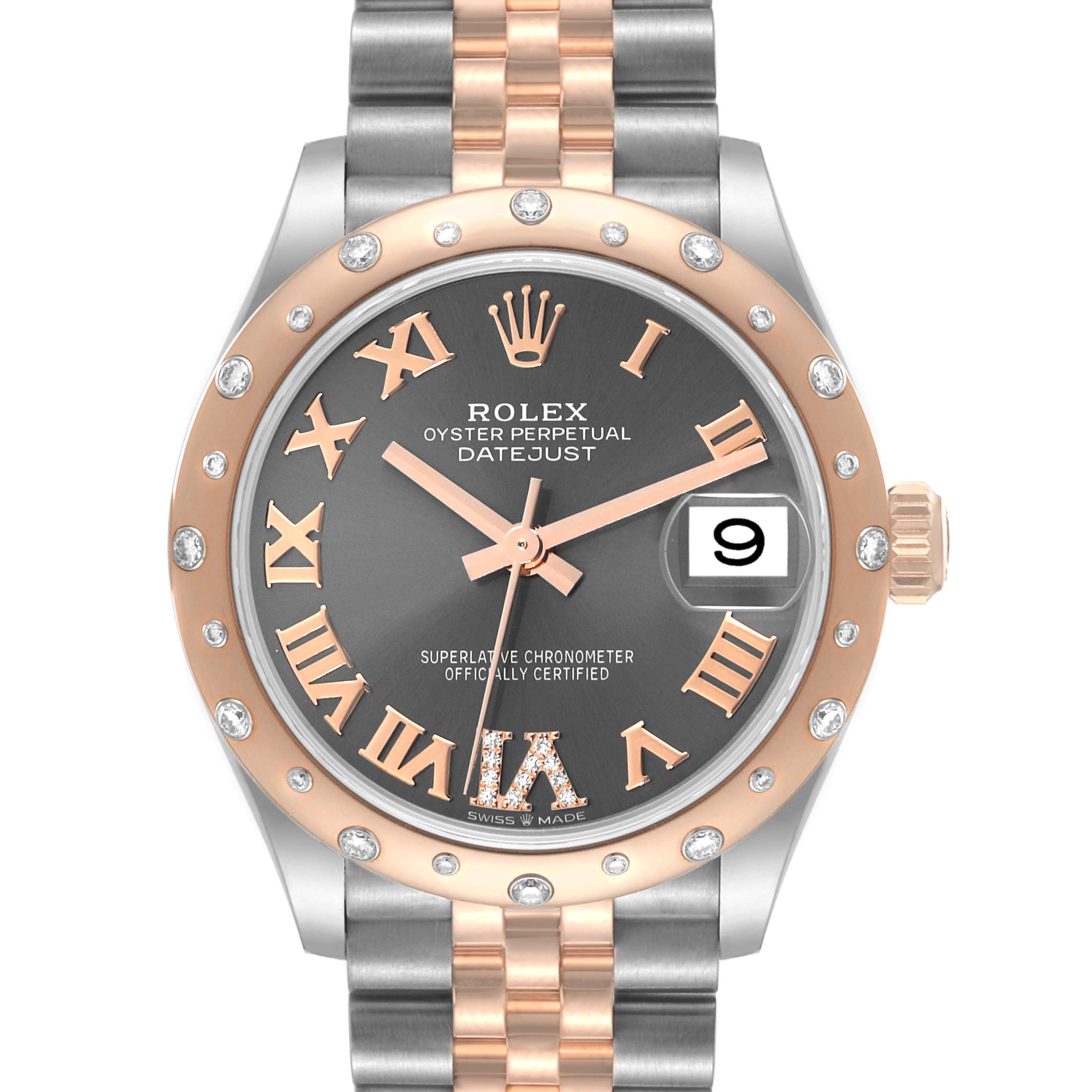 The image shows the front face of the Rolex Mid-Size 278341 Women's Steel and Gold (two tone) Grey Dial 278341 Women's Steel and Gold (two tone) Grey Dial Oyster Perpetual Datejust watch, highlighting the dial, bezel, and part of the bracelet.