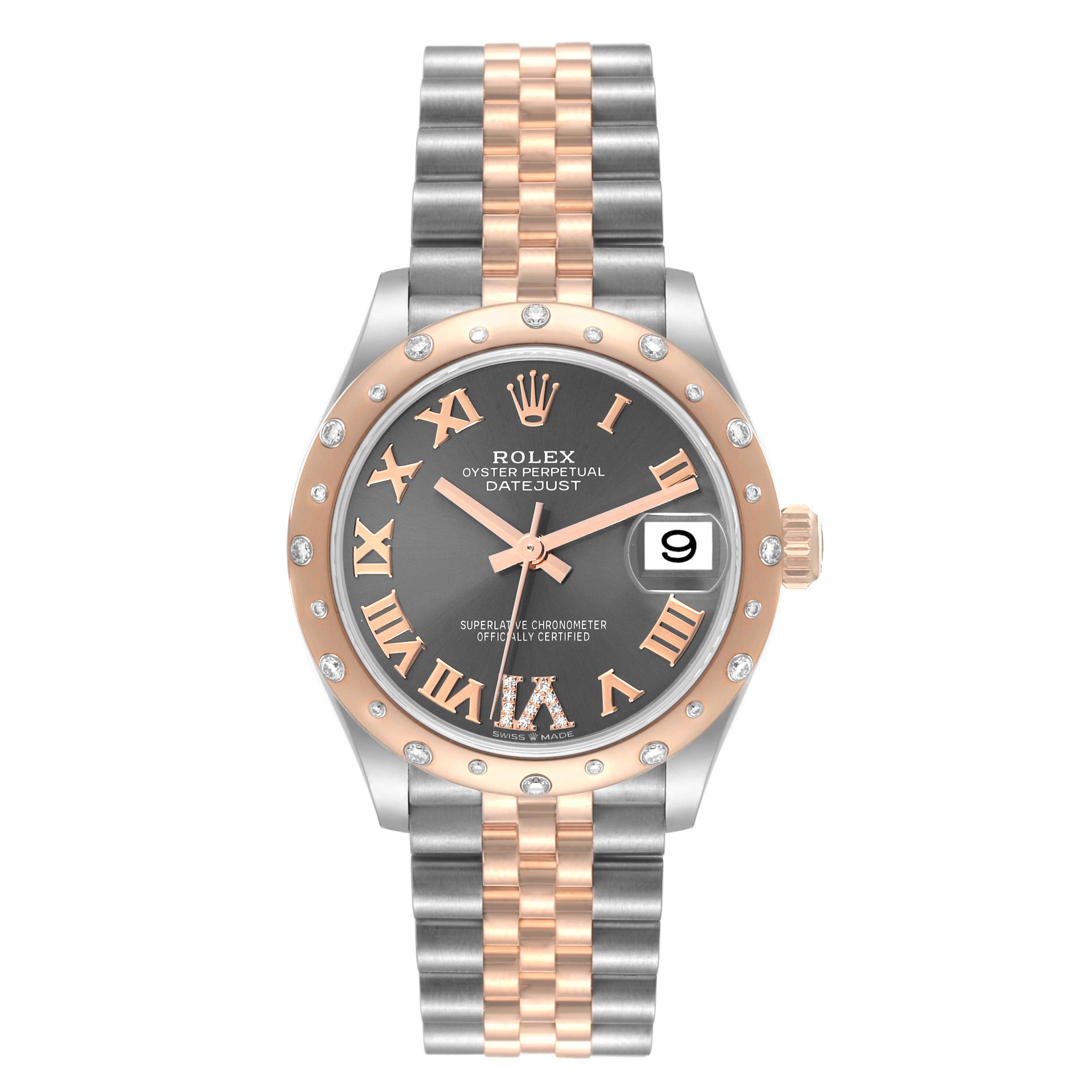 The Rolex Mid-Size 278341 Women's Steel and Gold (two tone) Grey Dial 278341 Women's Steel and Gold (two tone) Grey Dial Datejust watch is shown from a front view, displaying the face, bezel, and part of the bracelet.