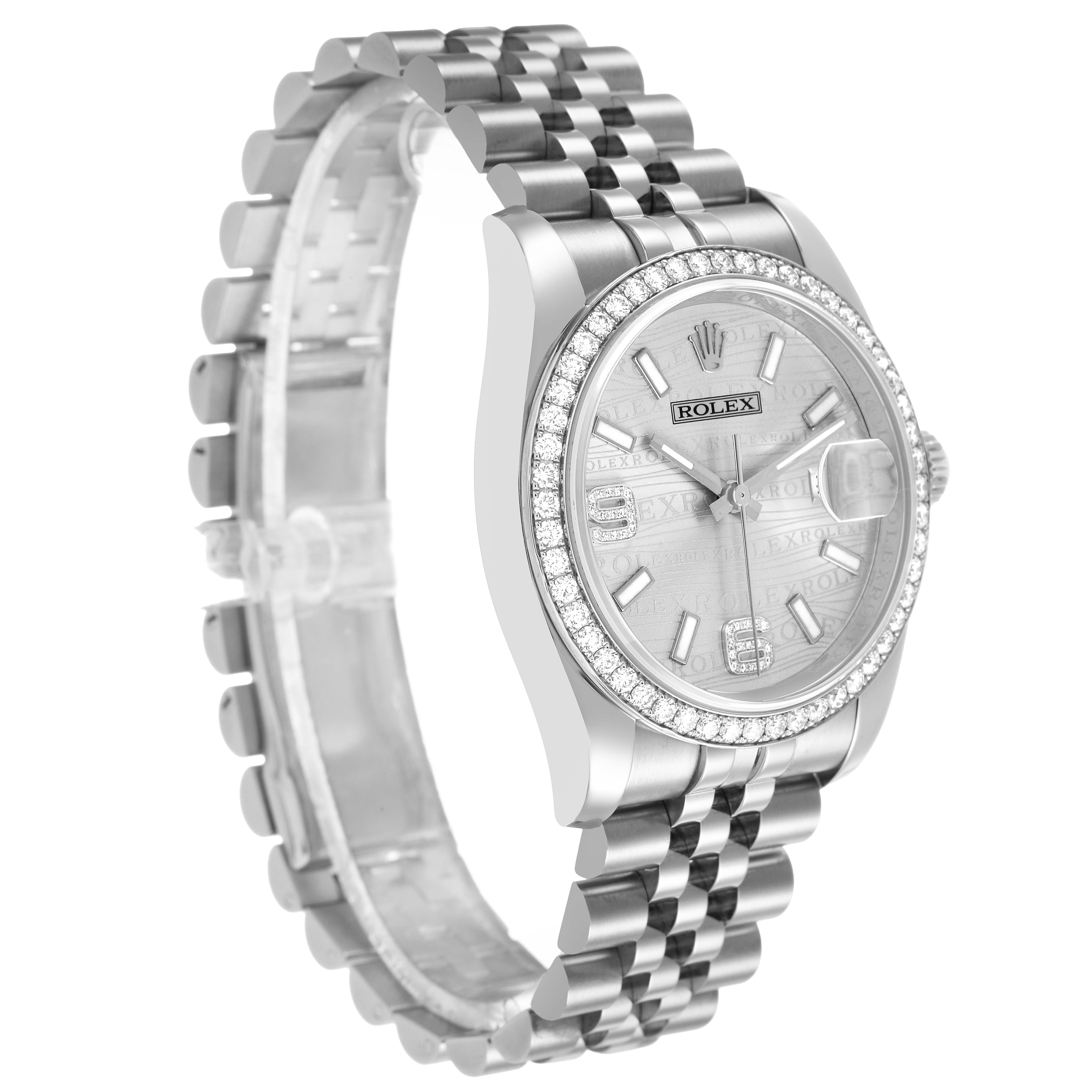 The Rolex Datejust 116244 Men's Stainless Steel Silver Dial watch is shown at a slight angle, highlighting the face, bezel, and part of the bracelet.