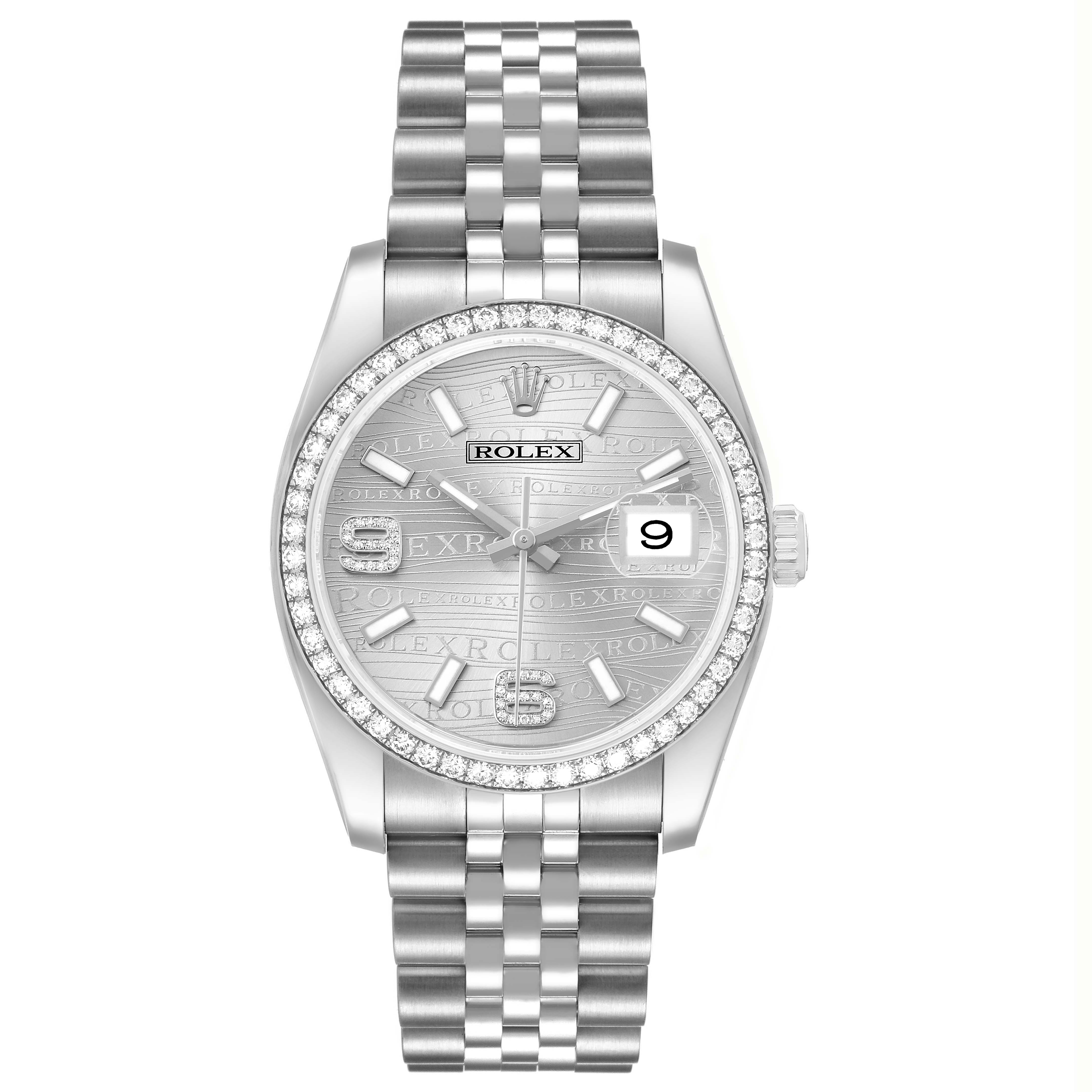 The Rolex Datejust 116244 Men's Stainless Steel Silver Dial watch is shown from a front angle, displaying the bracelet, dial, bezel, and date window.