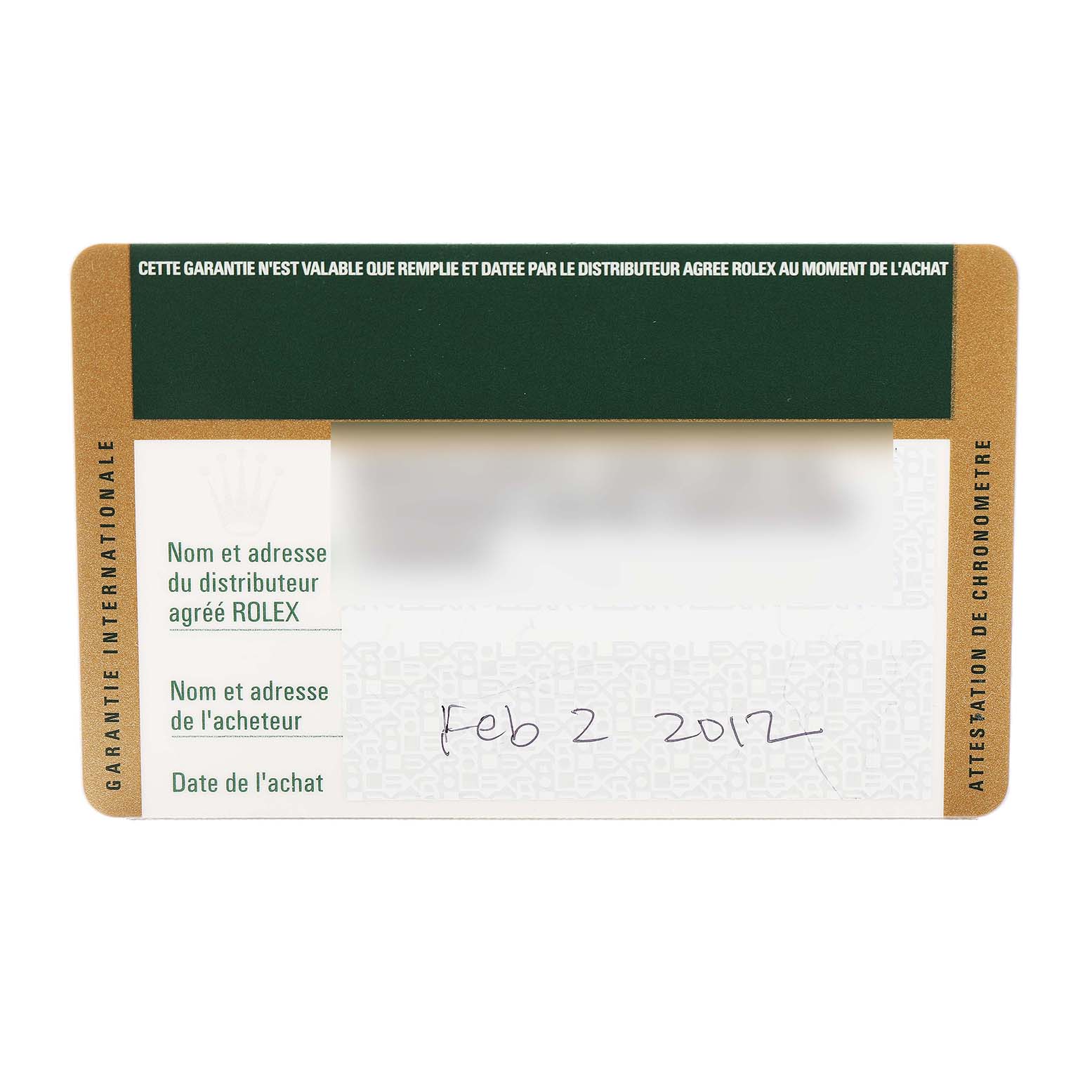 The image shows a warranty card for a Rolex Datejust 116244 Men's Stainless Steel Silver Dial, featuring purchase details and brand information.