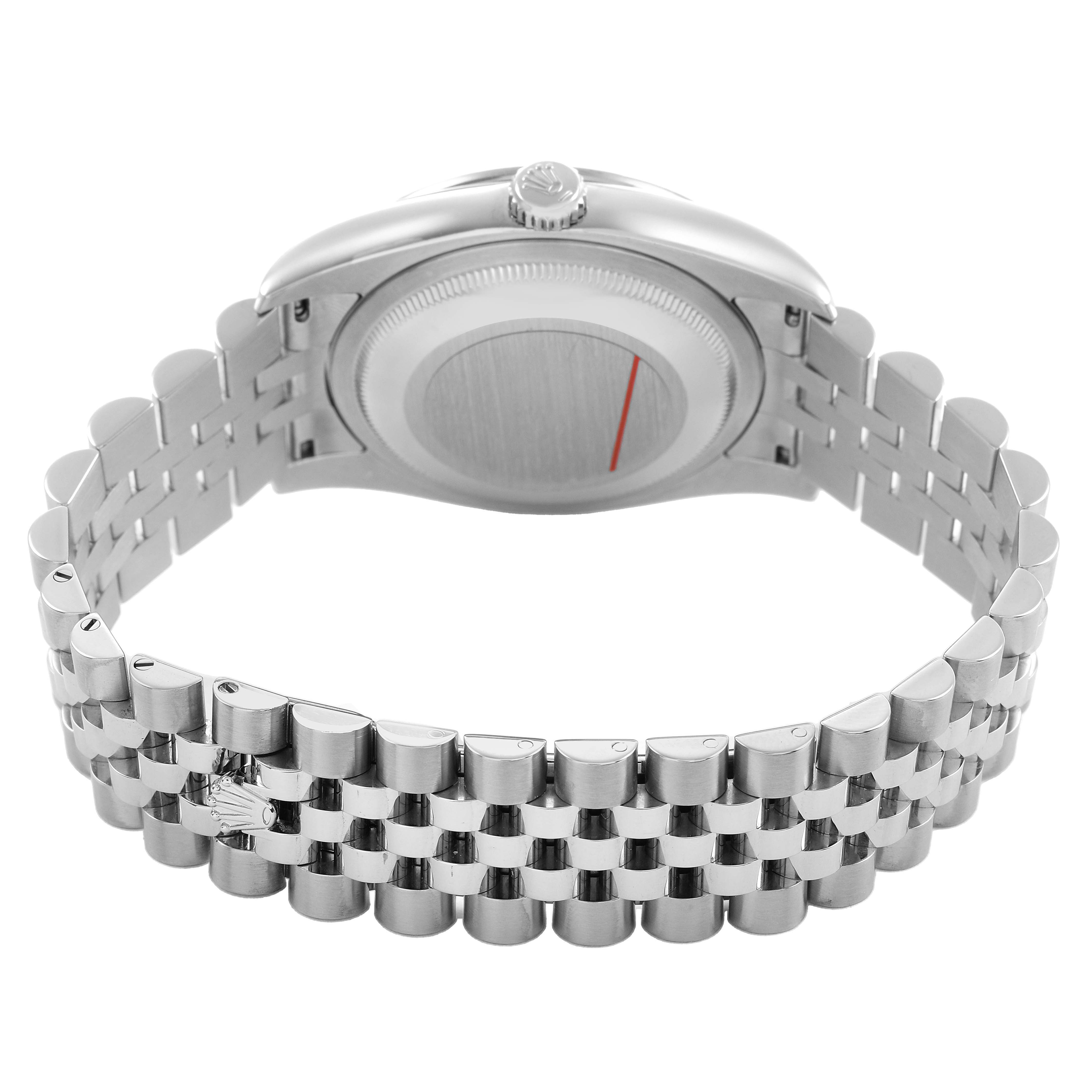 The image shows the back view of the Rolex Datejust 116244 Men's Stainless Steel Silver Dial watch, highlighting the case back and Jubilee bracelet.
