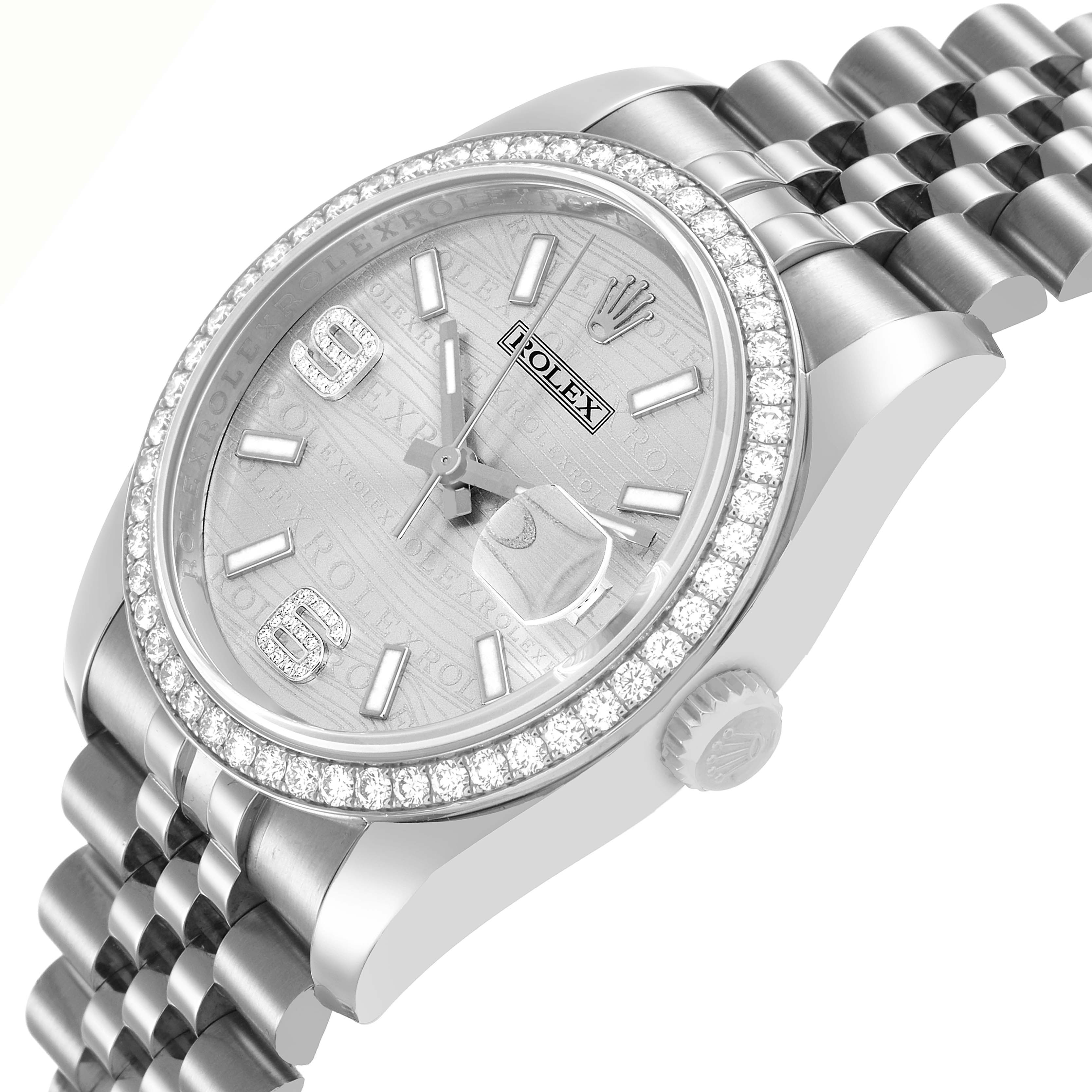 The image shows a Rolex Datejust 116244 Men's Stainless Steel Silver Dial watch at a slight angle, highlighting the face, diamond bezel, and part of the band.