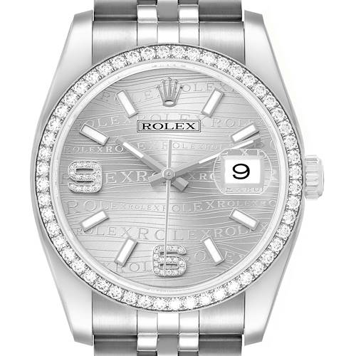 The Rolex Datejust 116244 Men's Stainless Steel Silver Dial watch is shown from the front, highlighting the dial, bezel, hour markers, and crown.