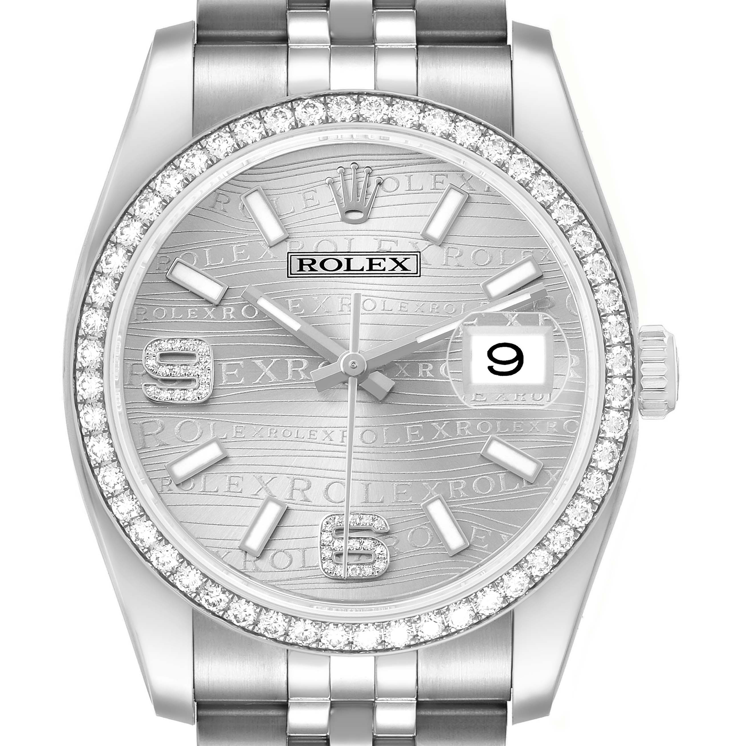 The Rolex Datejust 116244 Men's Stainless Steel Silver Dial is shown from a front angle, highlighting its diamond bezel, silver dial, and bracelet.