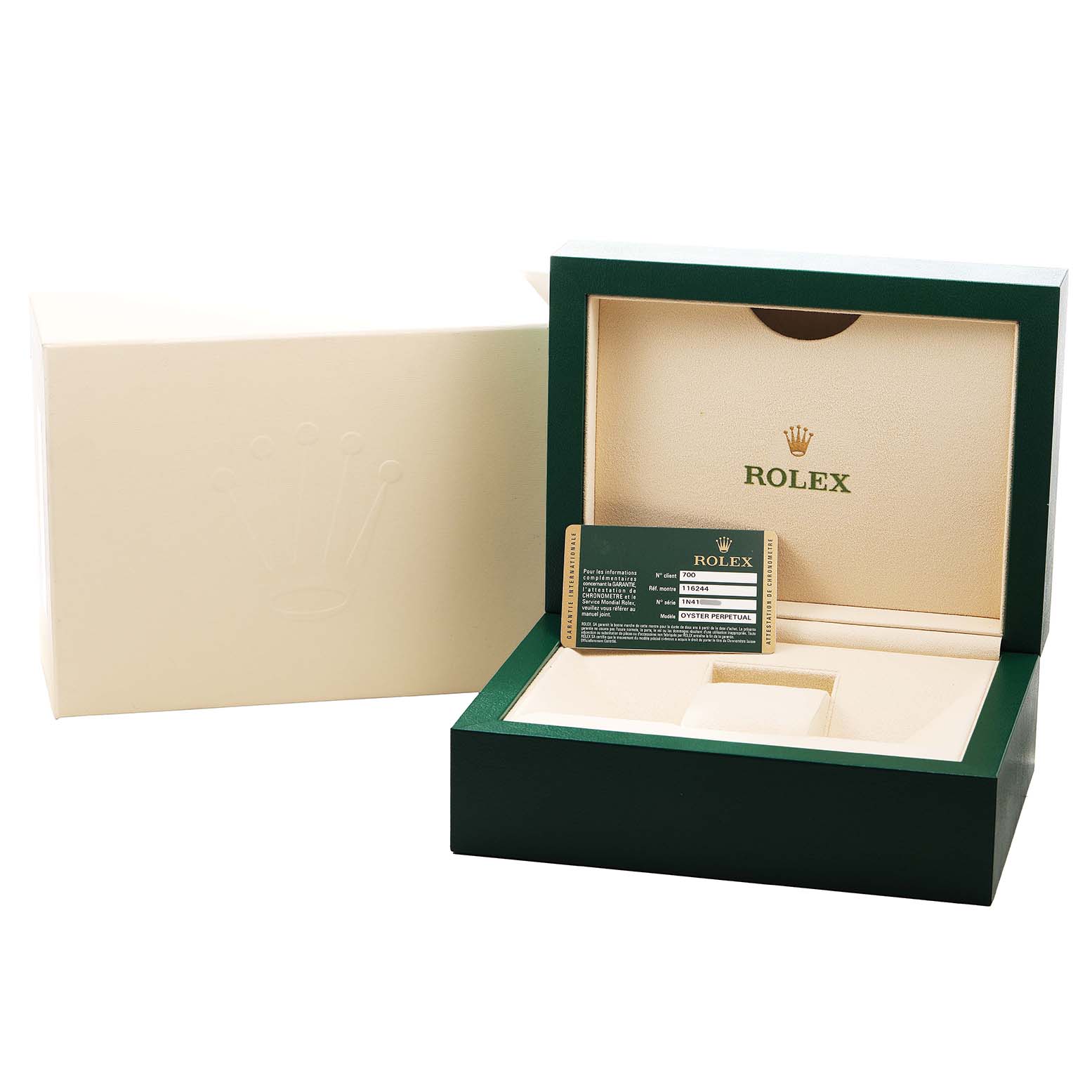 The image shows a Rolex Datejust 116244 Men's Stainless Steel Silver Dial watch box and warranty card, captured from the front angle.