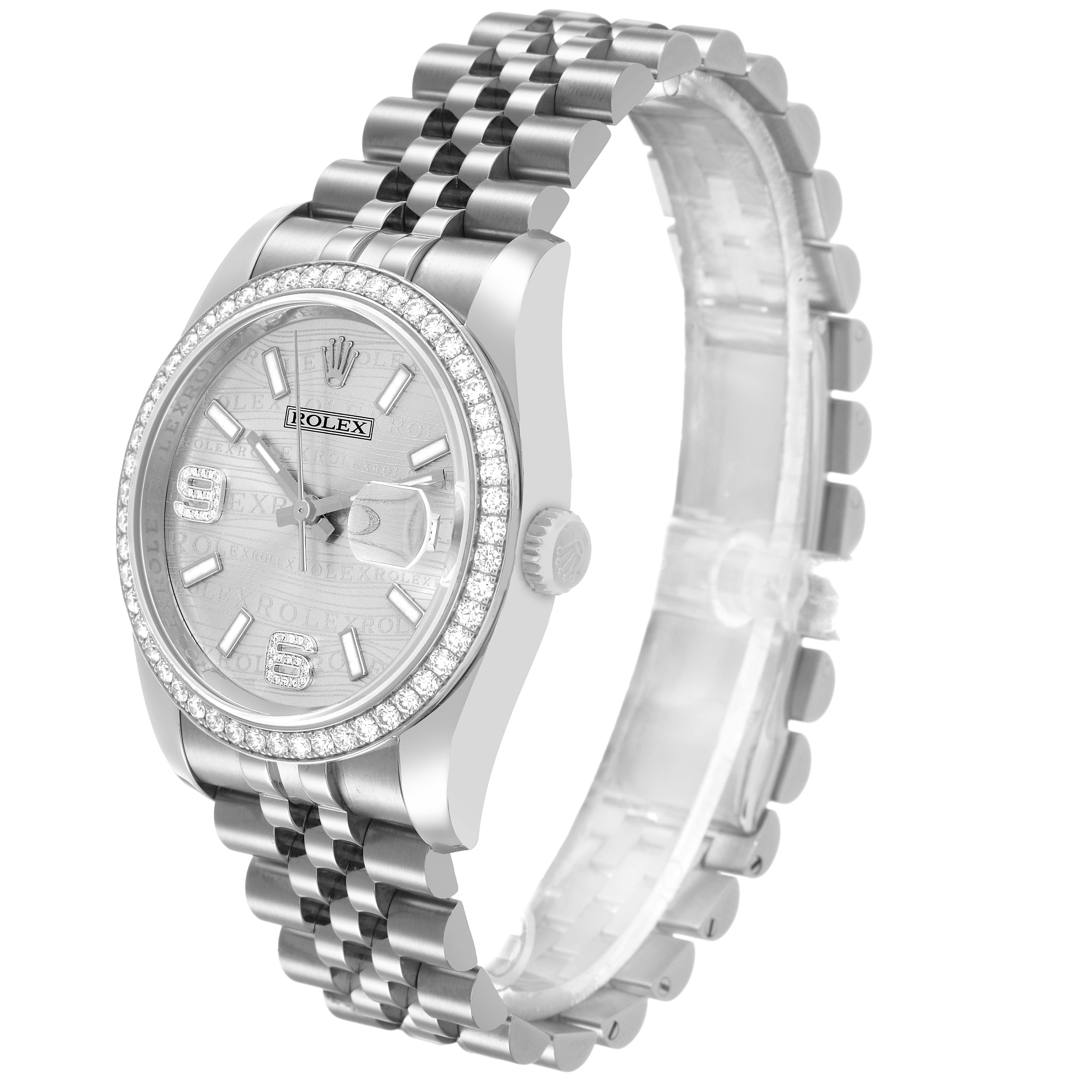 The Rolex Datejust 116244 Men's Stainless Steel Silver Dial is shown at a slight angle, featuring the bezel, dial, crown, and bracelet.