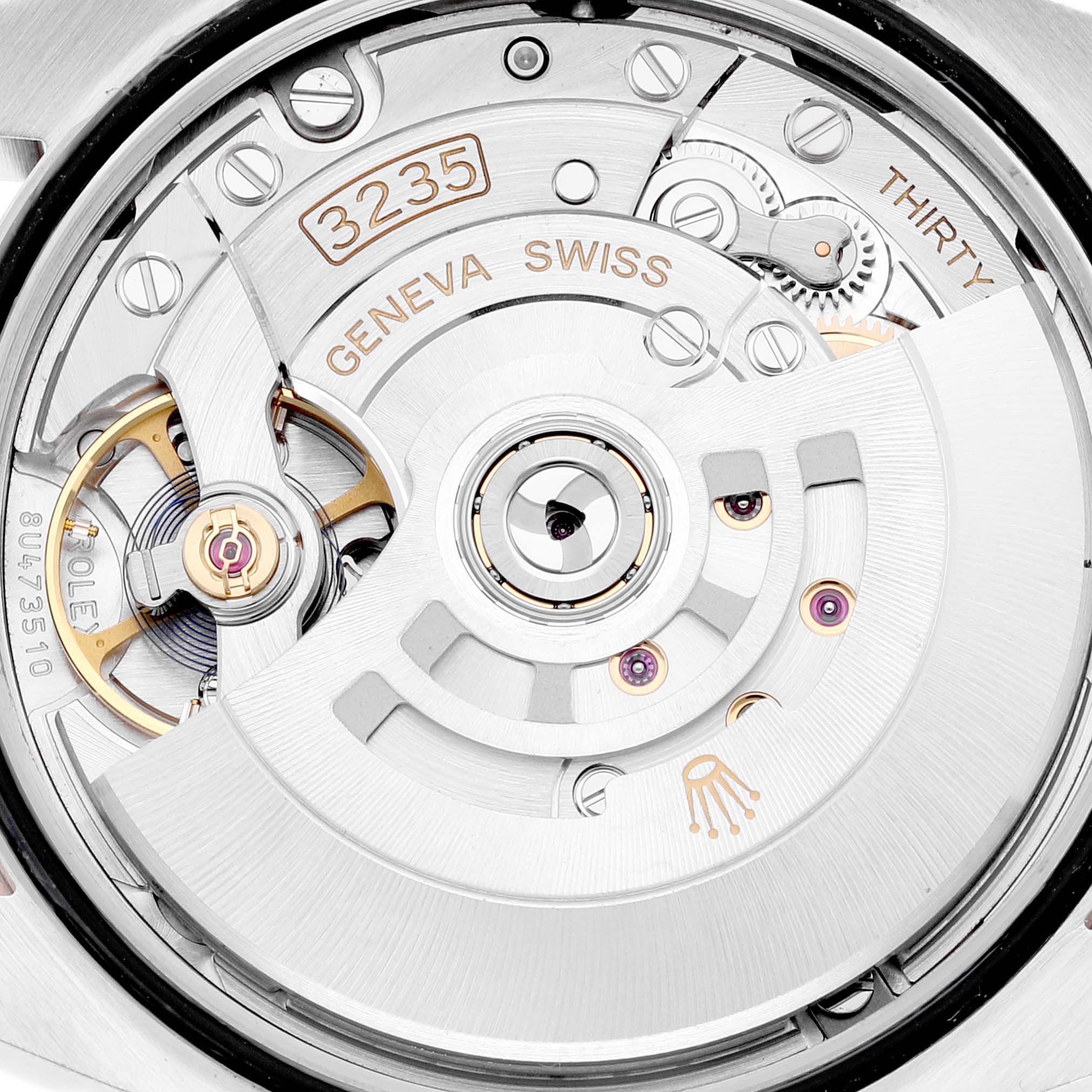 This image shows the detailed movement and inner workings of a Rolex Datejust 126231 Men's Steel and Gold (two tone) Pink Dial 126231 Men's Steel and Gold (two tone) Pink Dial model, highlighting its caliber 3235.