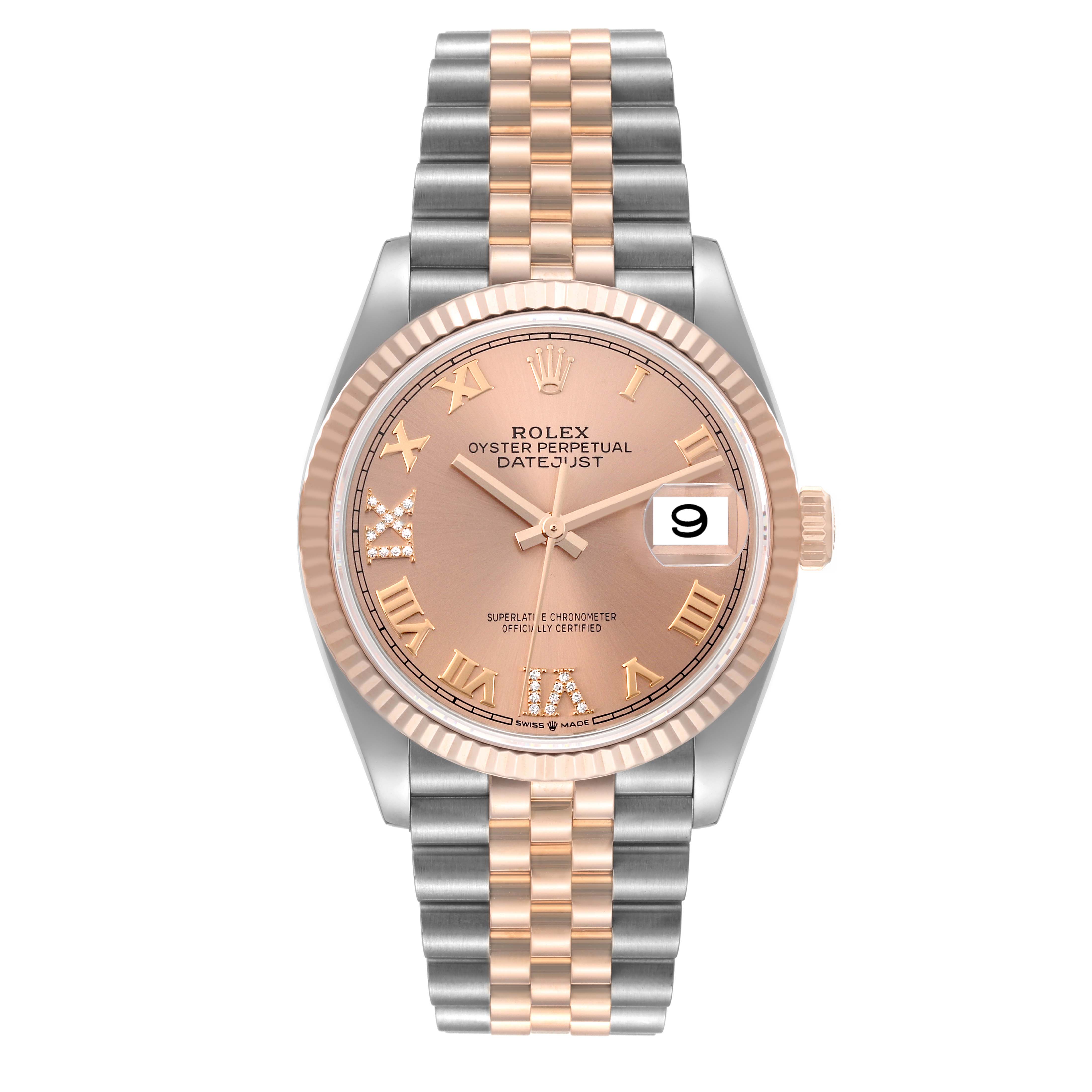 This image shows the front view of a Rolex Datejust 126231 Men's Steel and Gold (two tone) Pink Dial 126231 Men's Steel and Gold (two tone) Pink Dial watch, displaying its dial, bezel, crown, and Jubilee bracelet.