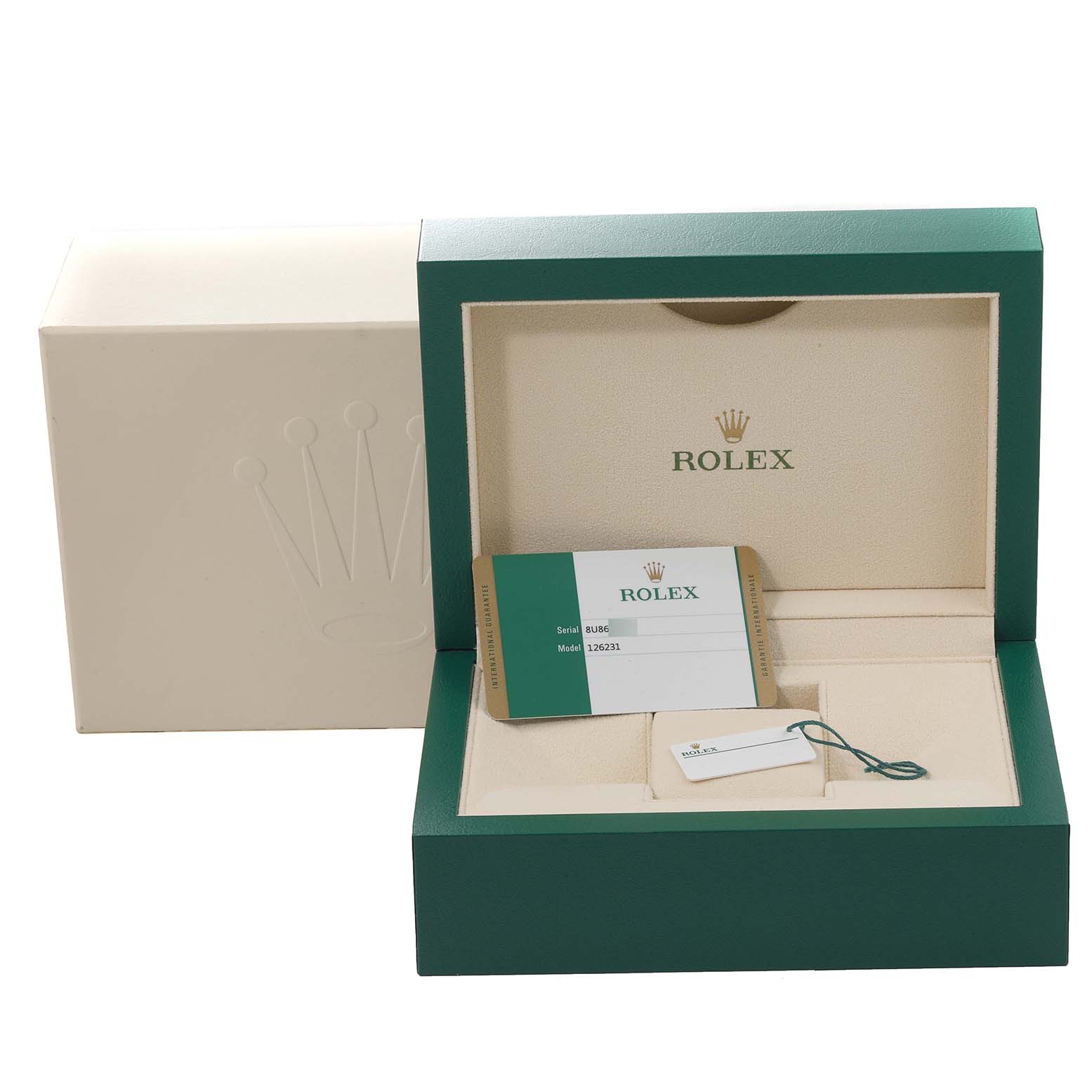 This image shows the open packaging box and accessories, including a card and tag, for a Rolex Datejust 126231 Men's Steel and Gold (two tone) Pink Dial 126231 Men's Steel and Gold (two tone) Pink Dial watch.