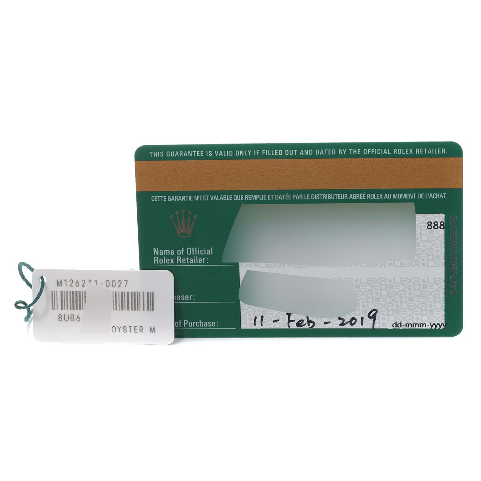 The image shows a warranty card and a tag for a Rolex Datejust 126231 Men's Steel and Gold (two tone) Pink Dial 126231 Men's Steel and Gold (two tone) Pink Dial watch, displaying dates and watch details.