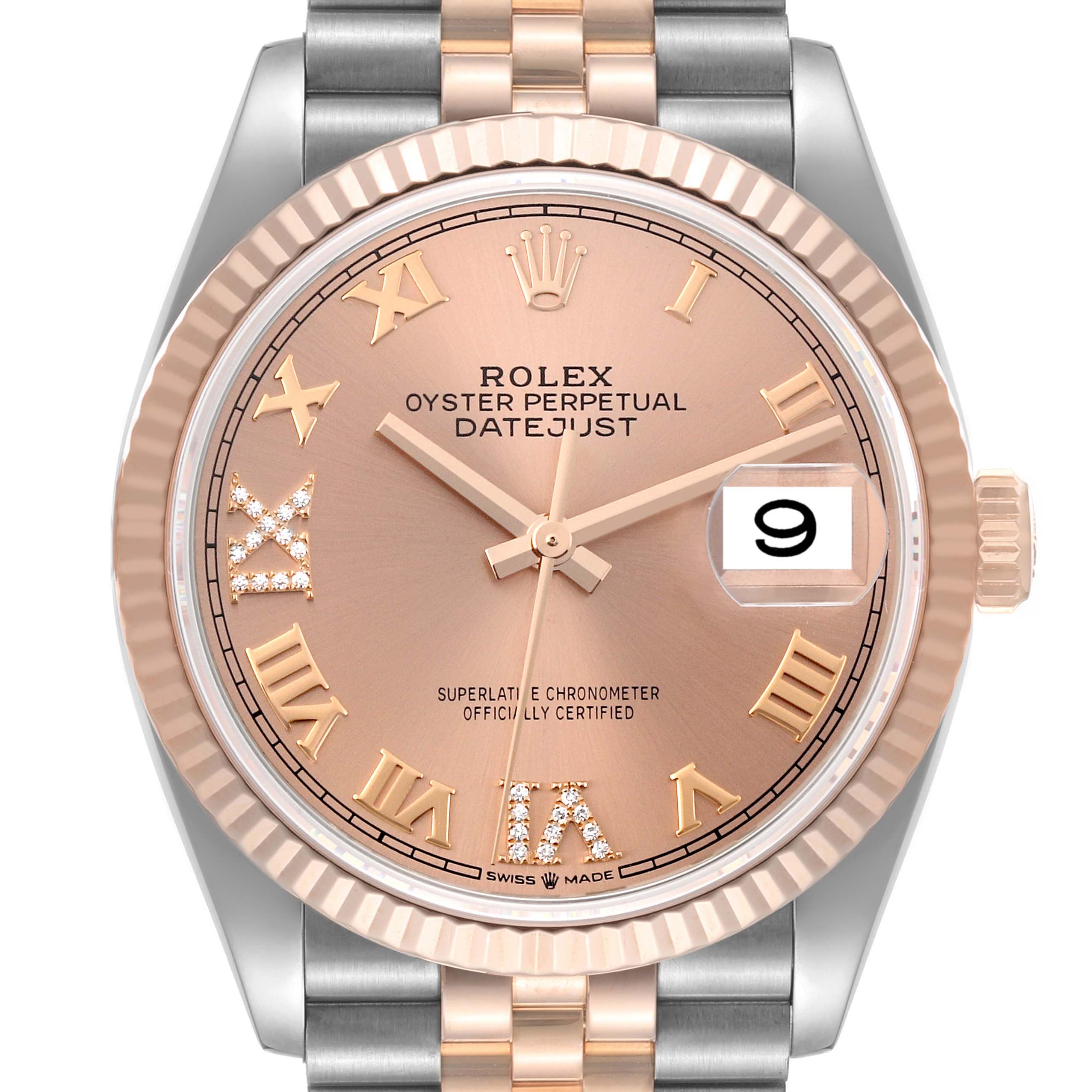The image shows a close-up of a Rolex Datejust 126231 Men's Steel and Gold (two tone) Pink Dial 126231 Men's Steel and Gold (two tone) Pink Dial watch, highlighting its rose gold dial, fluted bezel, Roman numerals, and date window.