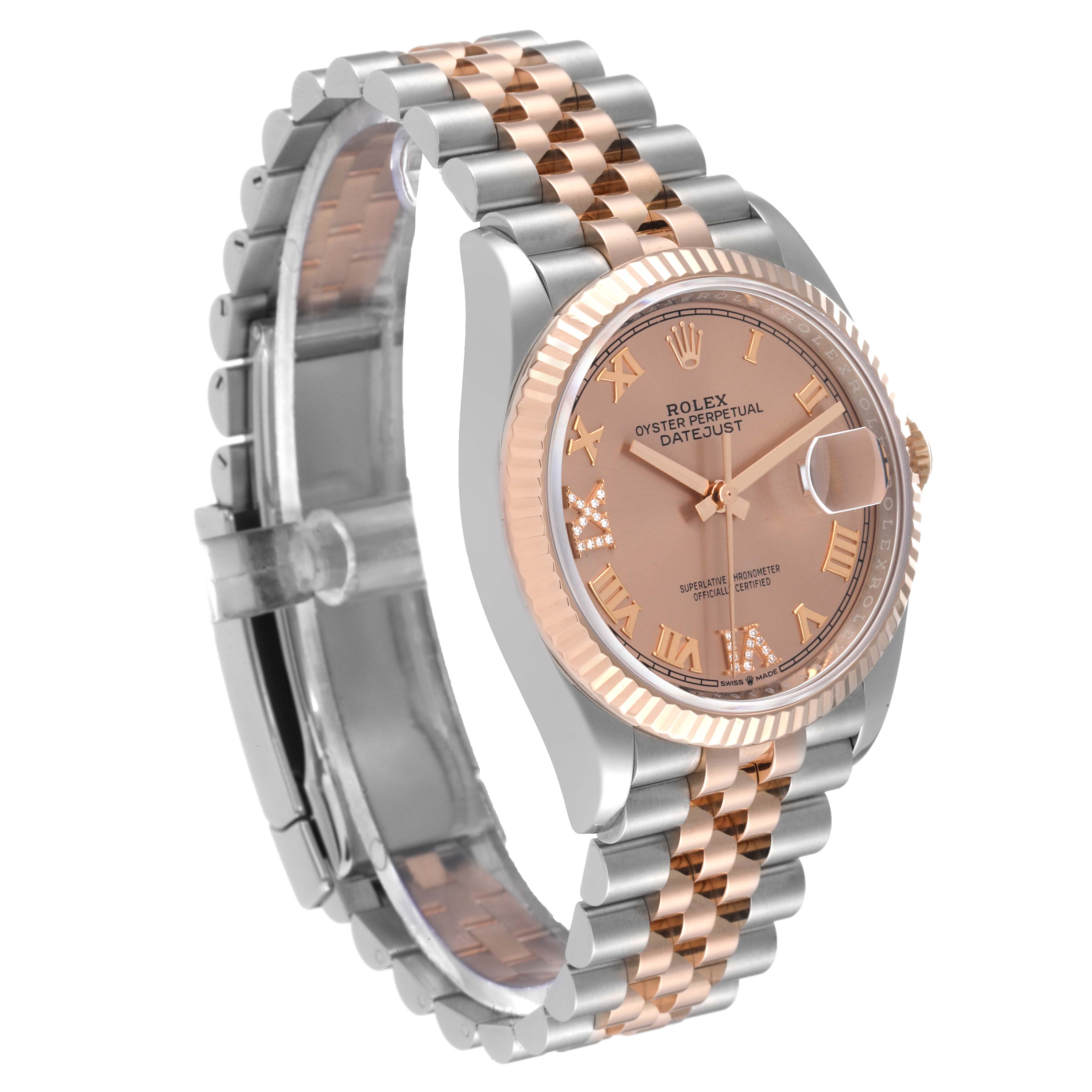 The image shows a side angle of a Rolex Datejust 126231 Men's Steel and Gold (two tone) Pink Dial 126231 Men's Steel and Gold (two tone) Pink Dial watch, highlighting its rose gold and silver two-tone bracelet, fluted bezel, and dial.