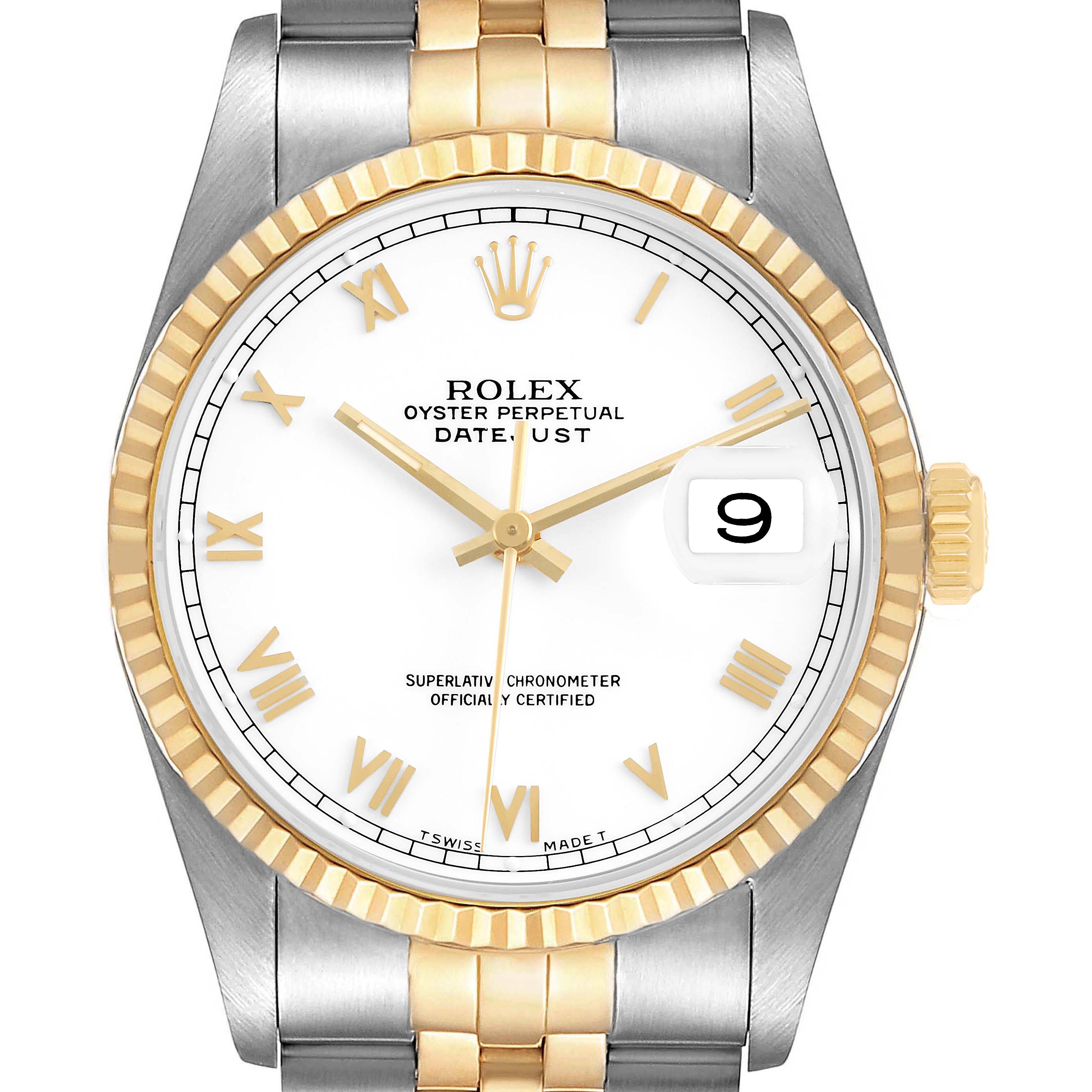 The image shows a front view of the Rolex Datejust 16233 Men's Steel and Gold (two tone) White Dial watch, highlighting the face, bezel, crown, and part of the bracelet.