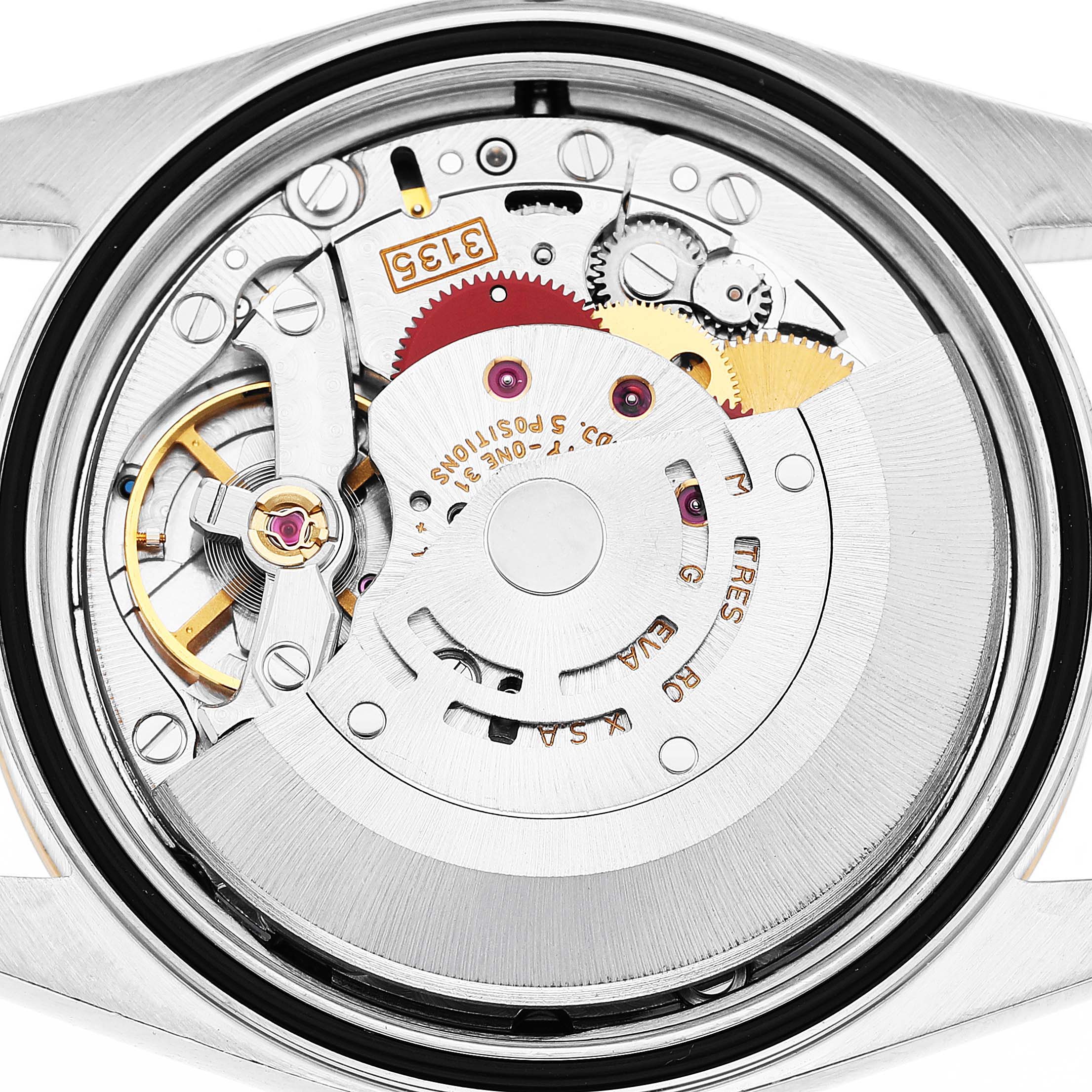 The image shows the open case back of a Rolex Datejust 16233 Men's Steel and Gold (two tone) White Dial, revealing its intricate mechanical movement parts.