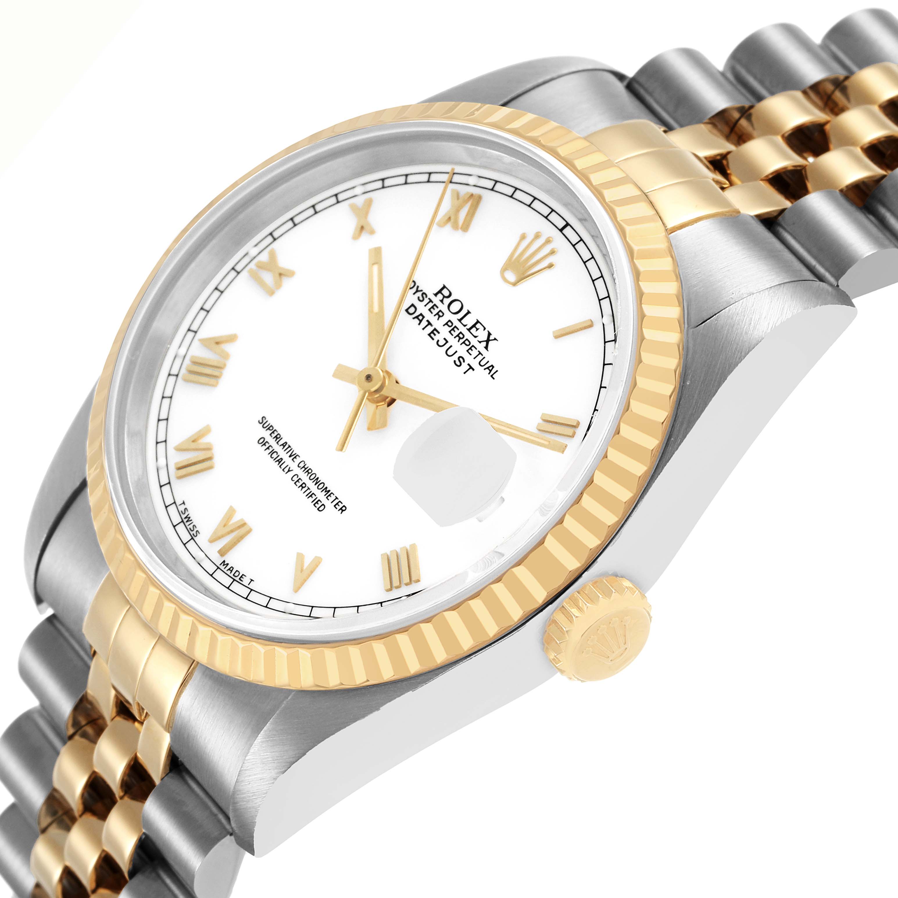 The Rolex Datejust 16233 Men's Steel and Gold (two tone) White Dial watch is shown from a side angle, highlighting the bezel, crown, dial, date magnifier, and bracelet.