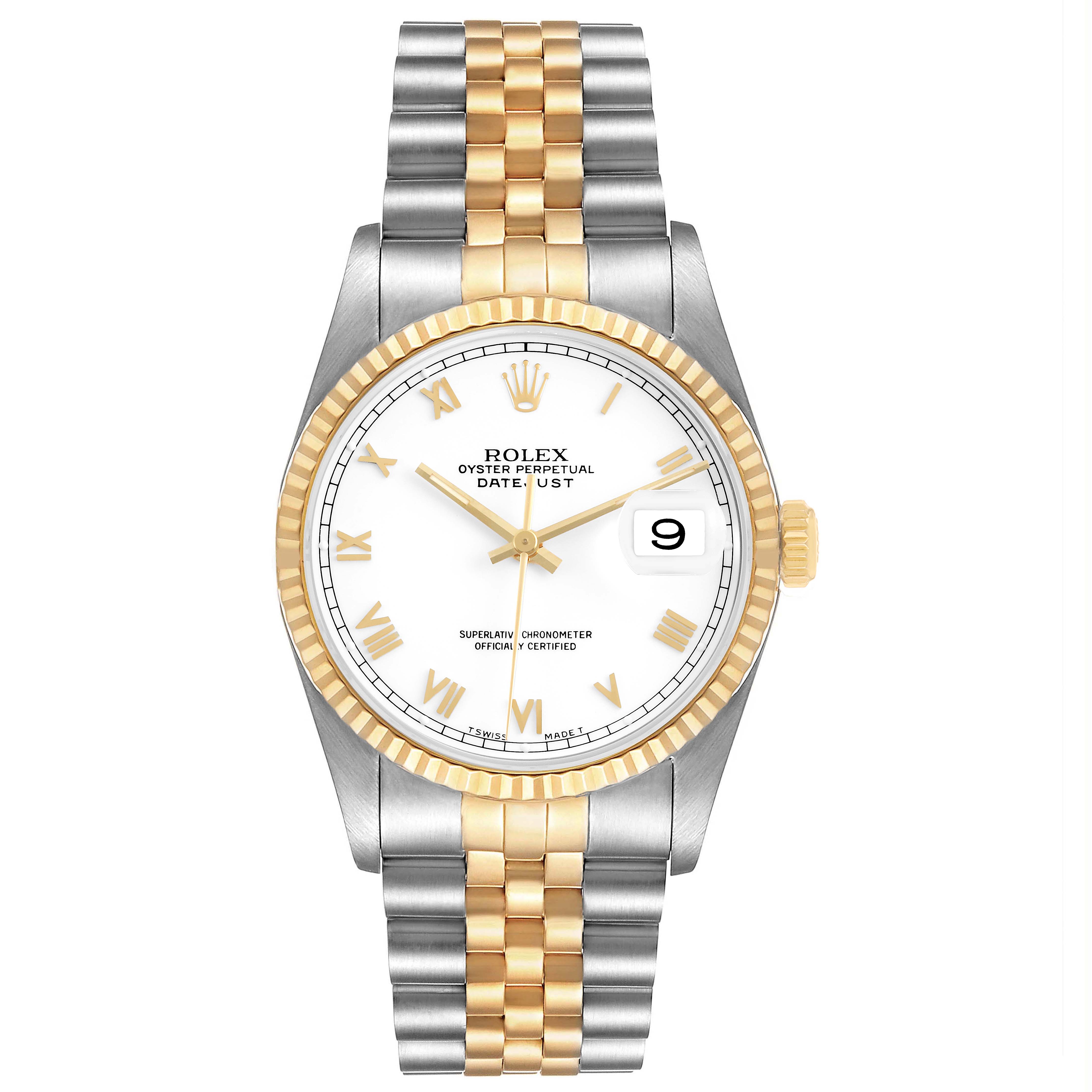 The image shows a Rolex Datejust 16233 Men's Steel and Gold (two tone) White Dial watch from a front angle, displaying the dial, bezel, and two-tone bracelet.
