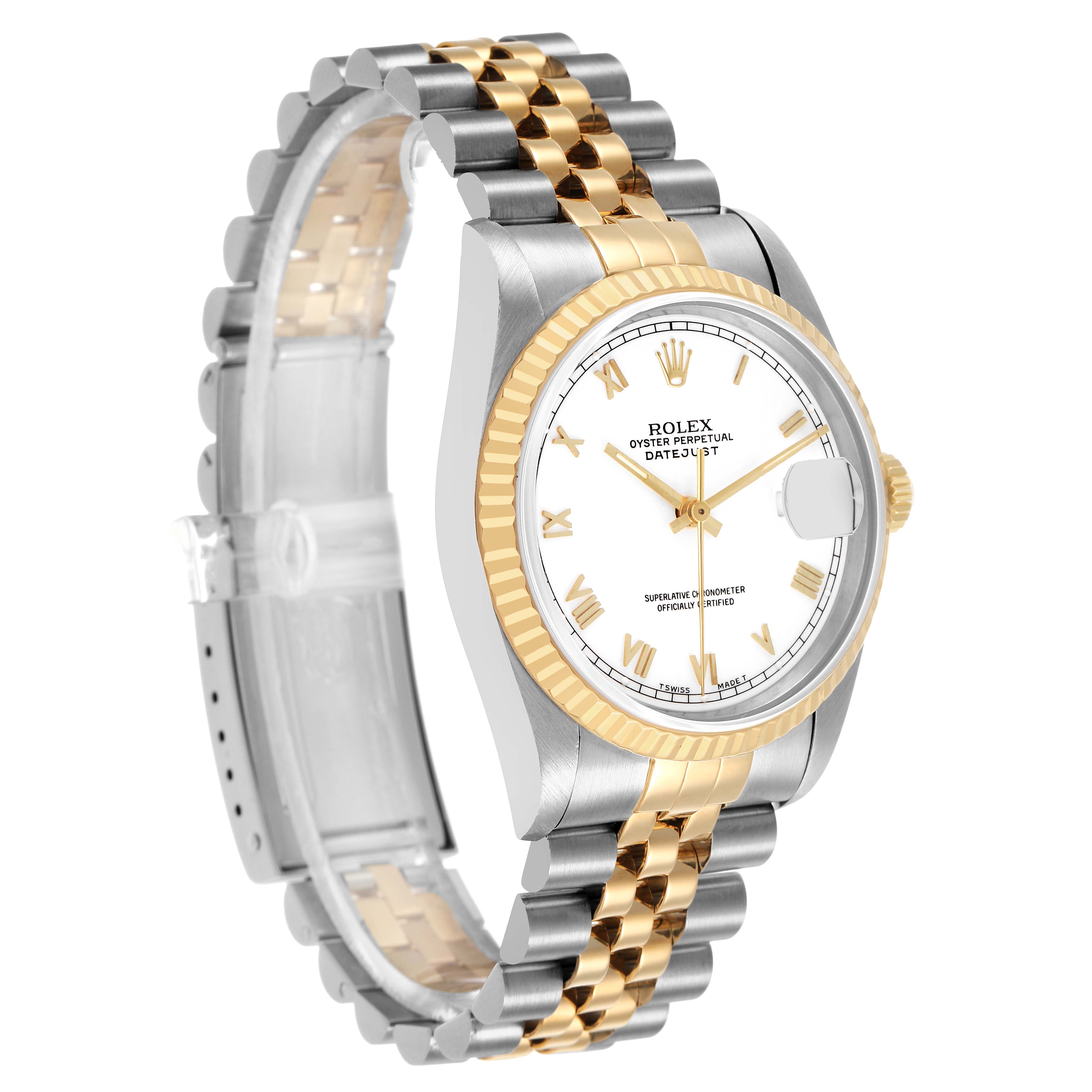 The Rolex Datejust 16233 Men's Steel and Gold (two tone) White Dial watch is shown at a three-quarter angle, displaying the bezel, dial, crown, and Jubilee bracelet.