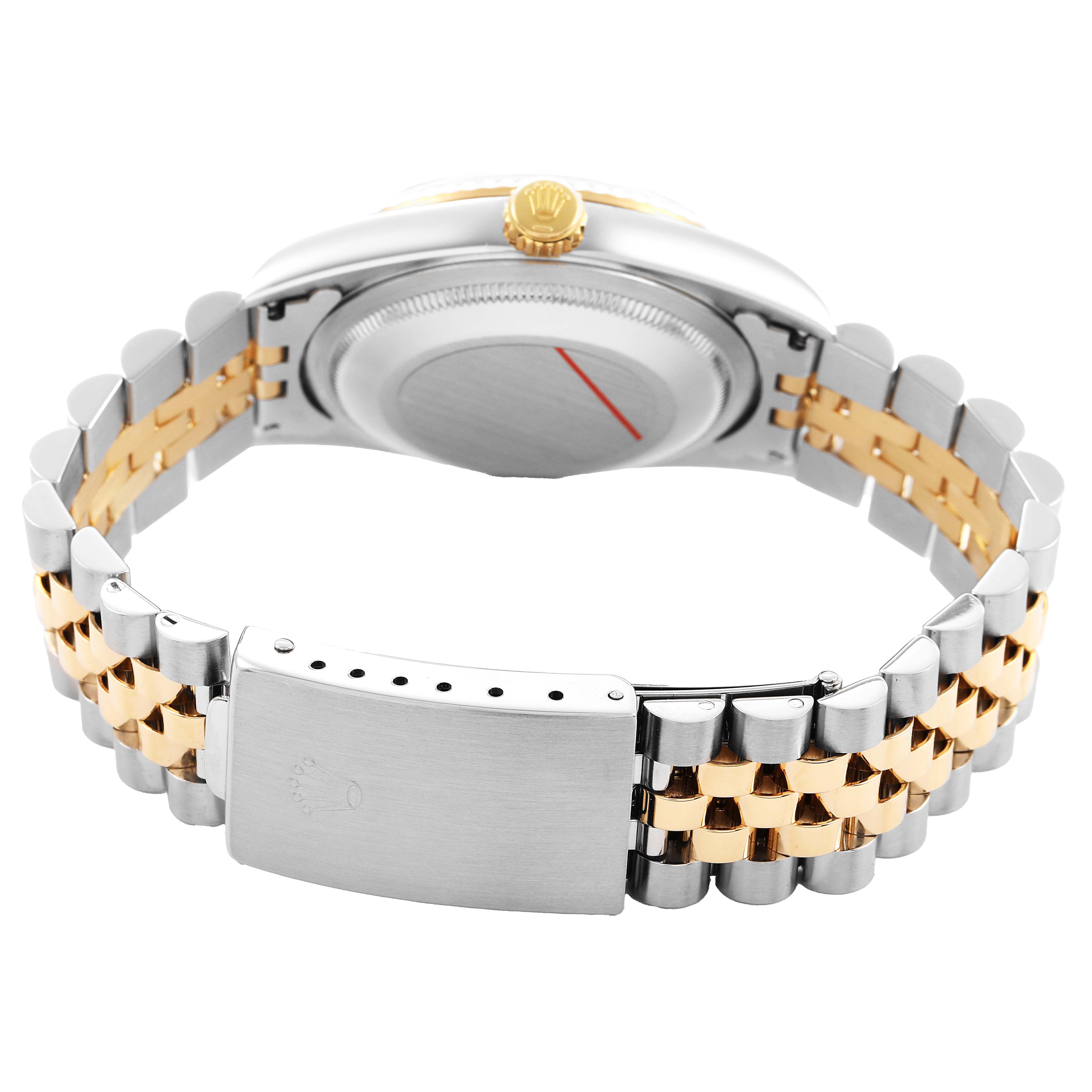 The image shows the back view of a Rolex Datejust 16233 Men's Steel and Gold (two tone) White Dial, highlighting the case back, bracelet, and clasp.