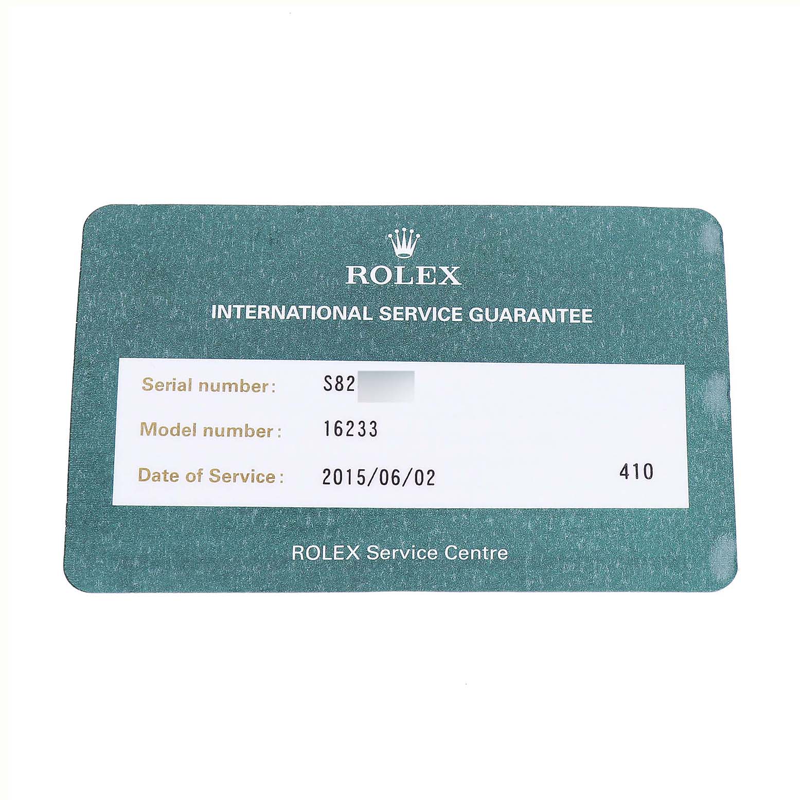 The image shows a Rolex Datejust 16233 Men's Steel and Gold (two tone) White Dial service card with model and service details.