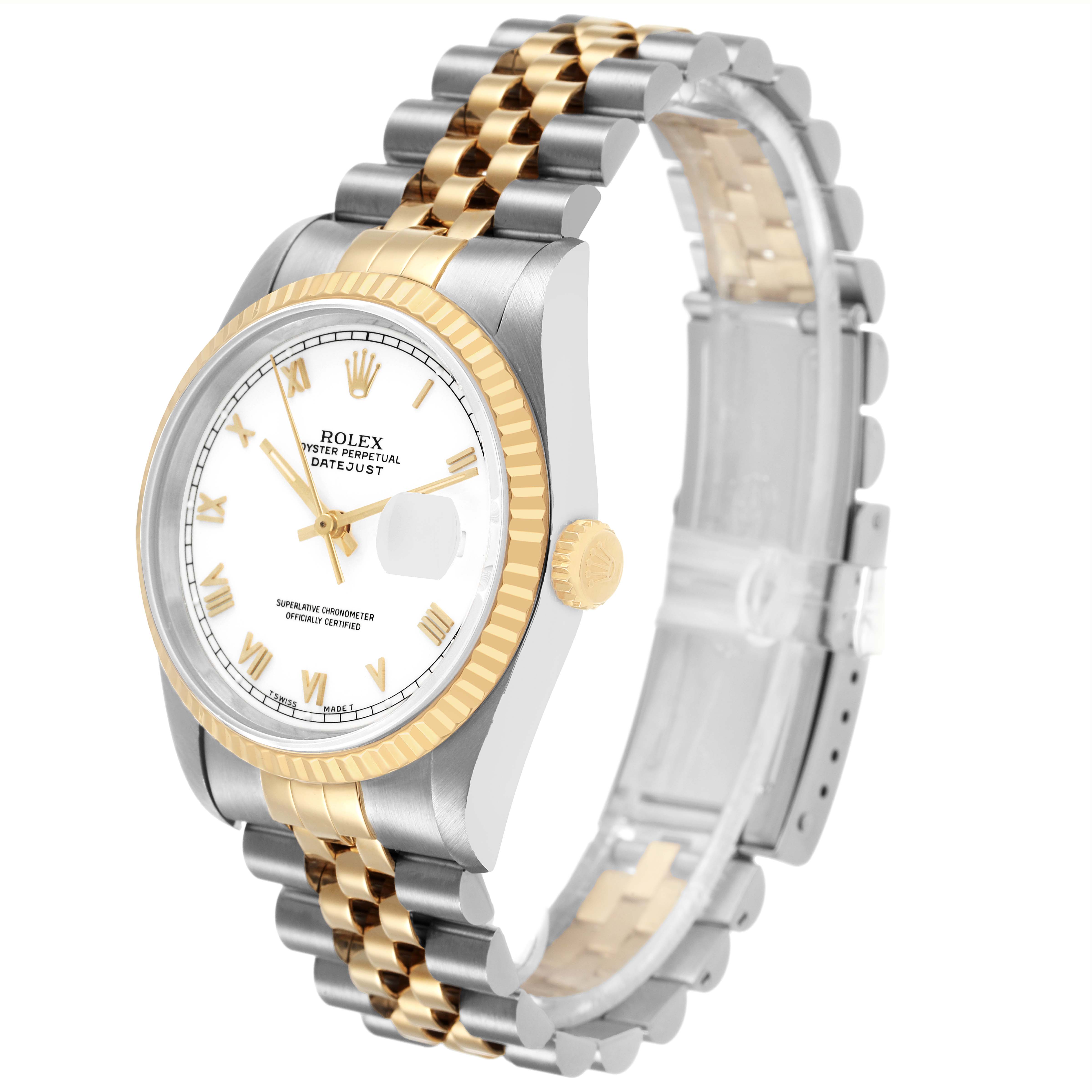 The Rolex Datejust 16233 Men's Steel and Gold (two tone) White Dial watch is shown at an angled view, highlighting the white dial, gold fluted bezel, and two-tone bracelet.