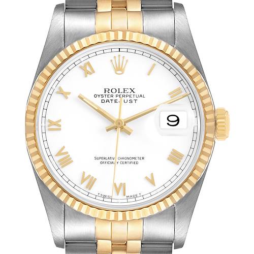 The Rolex Datejust 16233 Men's Steel and Gold (two tone) White Dial watch is shown from a frontal angle, displaying its dial, bezel, hands, crown, and part of the bracelet.