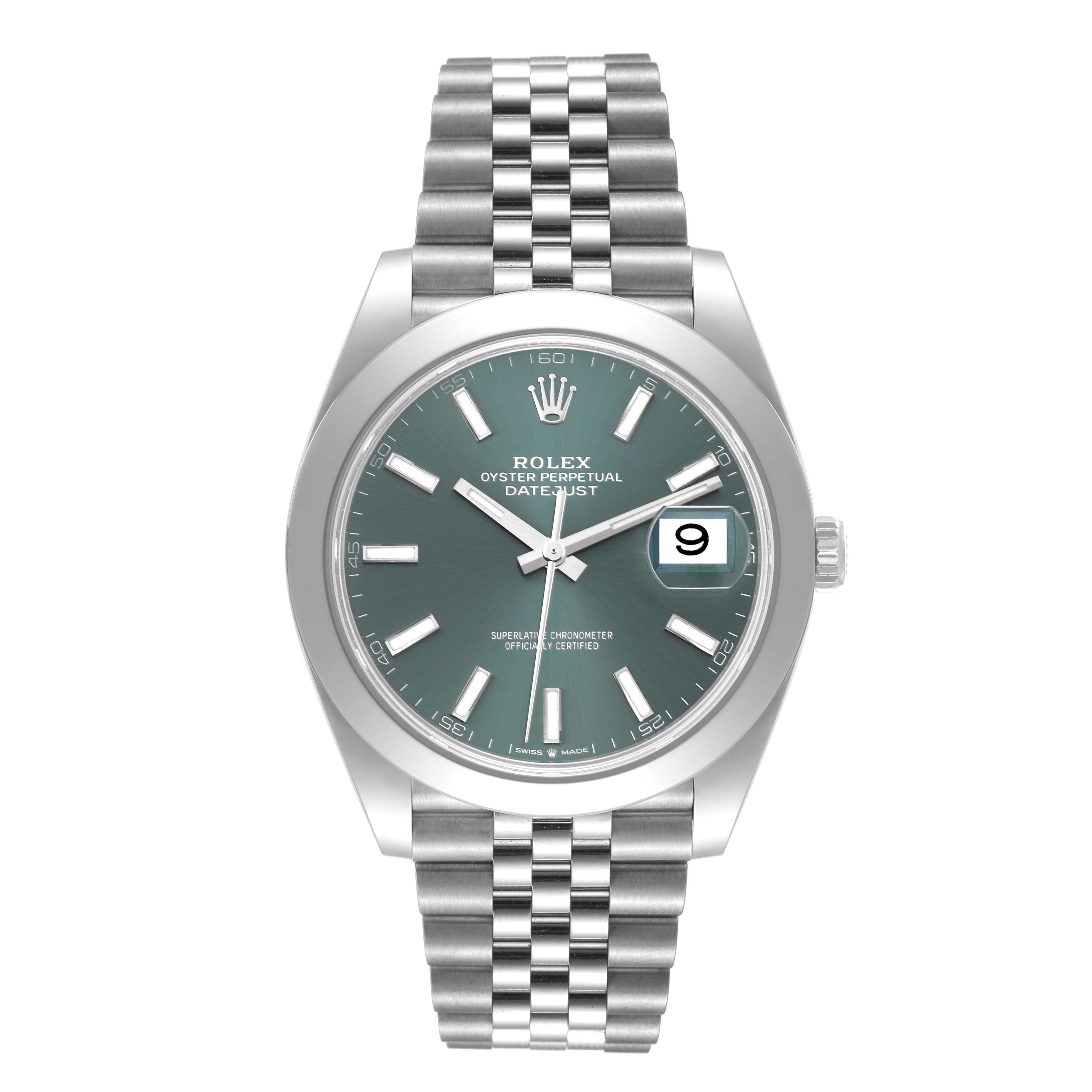 This image shows a front view of the Rolex Datejust 41 126300 Men
s Stainless Steel Green Dial 126300 Men
s Stainless Steel Green Dial watch, highlighting its green dial and Jubilee bracelet.